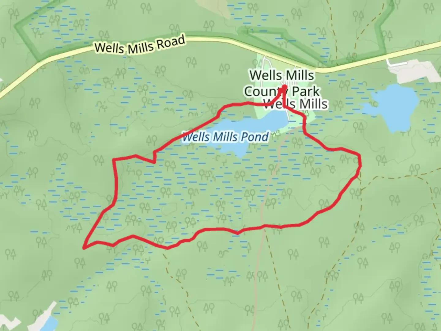 An image depicting the trail Wells Mills Pond Loop and its surrounding area.