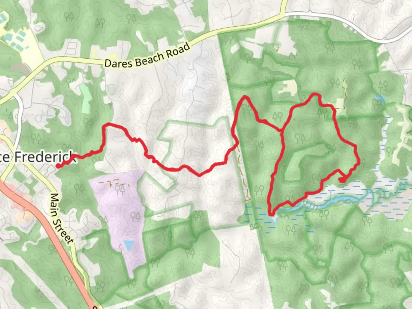 An image depicting the trail Prince Frederick, Turkey and Old Parkers Creek Road Loop Trail and its surrounding area.