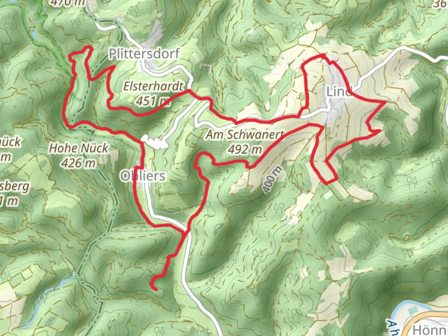An image depicting the trail Lind and Ruine Wensburg Loop and its surrounding area.
