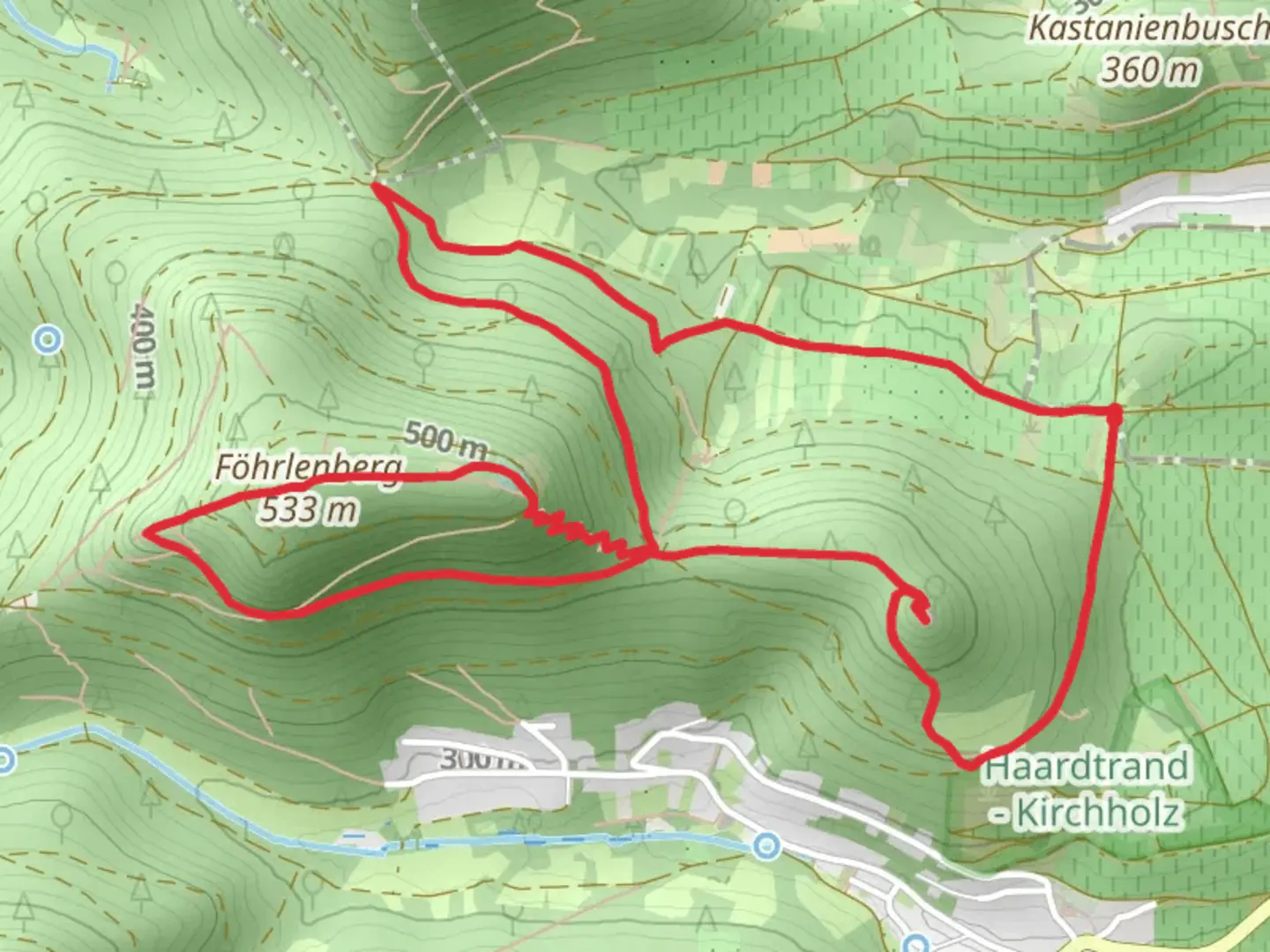 An image depicting the trail Föhrlenberg and Burgruine Neukastel via Lainsweiler and Keschde Erlebnisweg and its surrounding area.