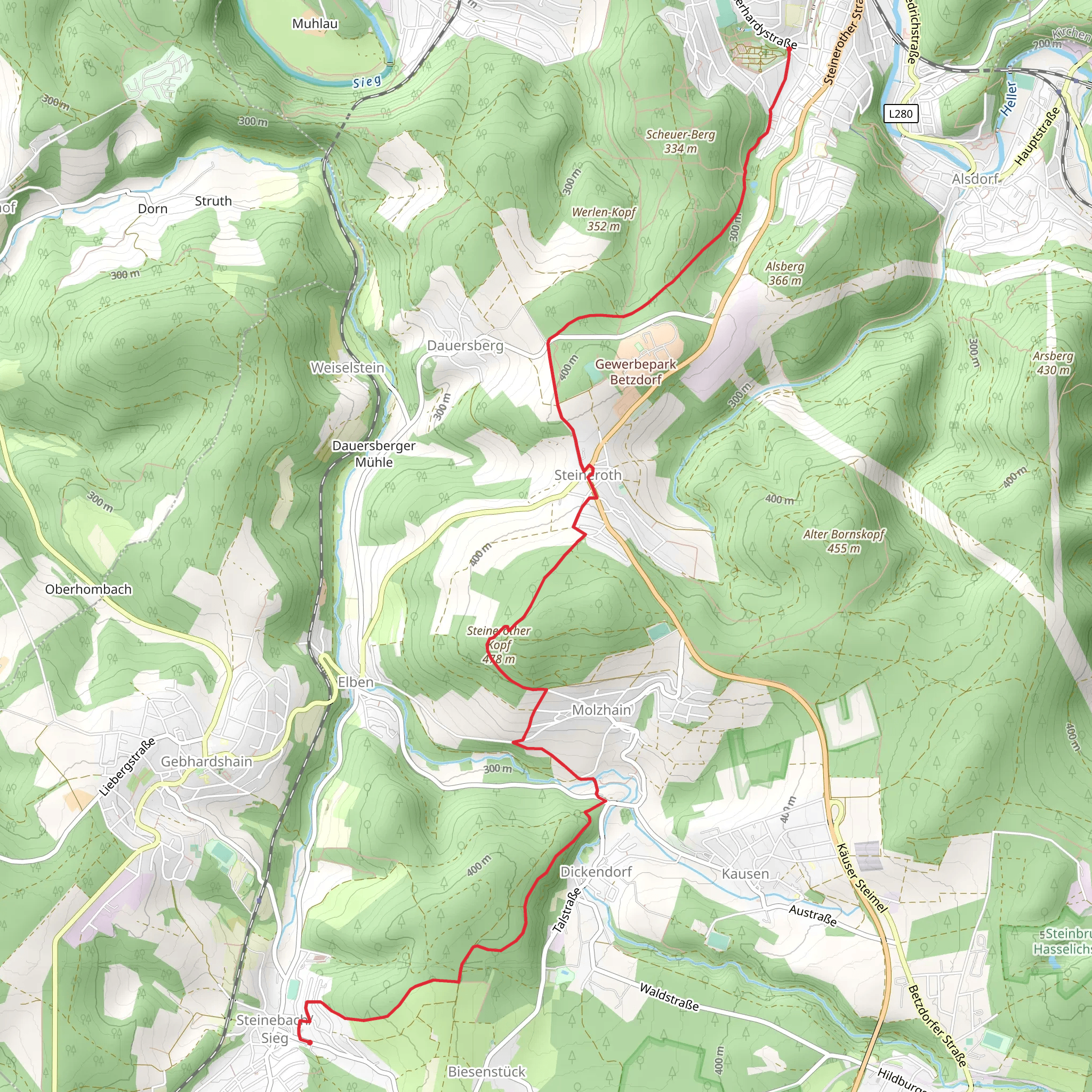 Betzdorf to Steinebach via Druidensteig mobile static map