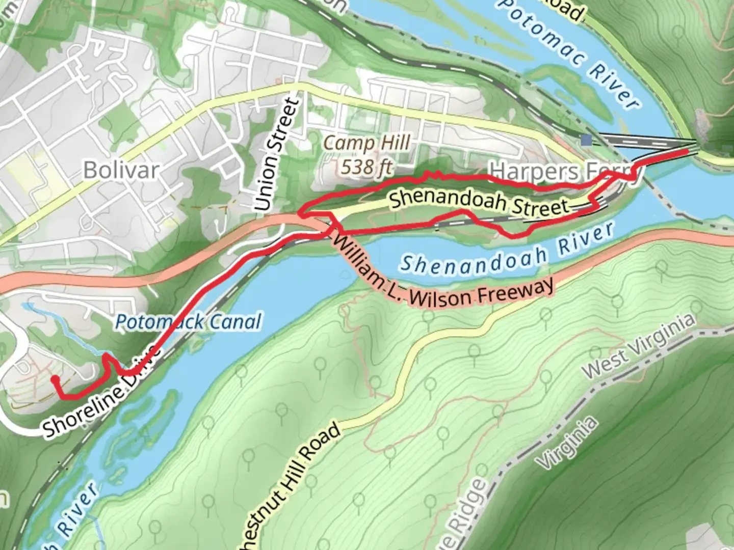 An image depicting the trail Lower Town, River Access and Appalachian Loop Trail and its surrounding area.