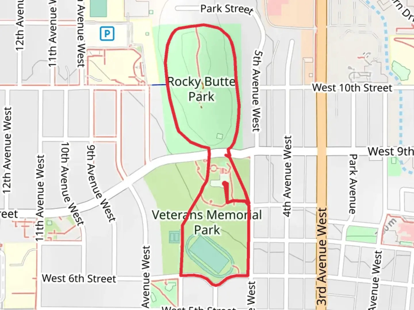 An image depicting the trail Veterans Memorial Park Loop and its surrounding area.
