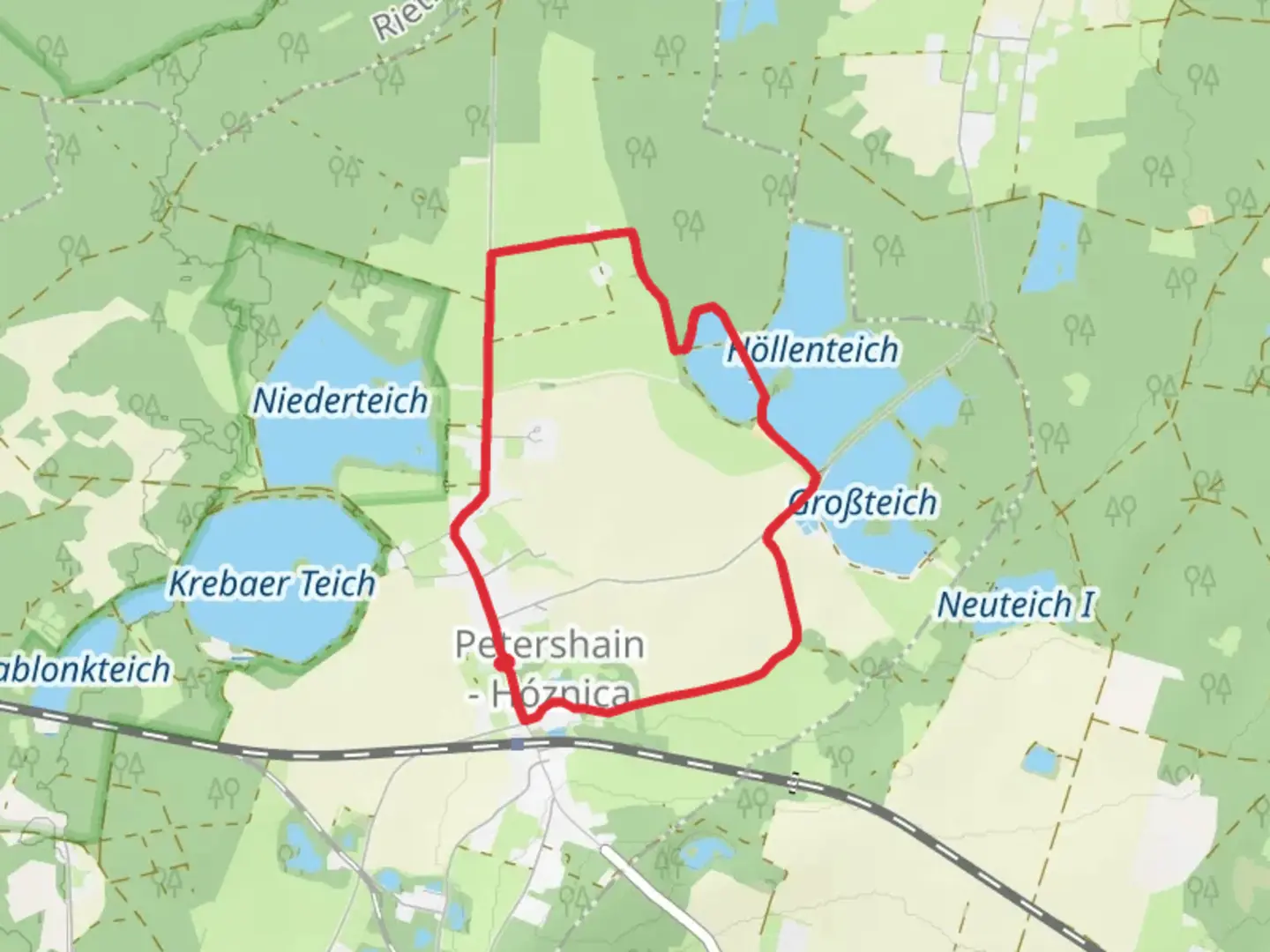 An image depicting the trail Neuteich II via Runde Petershain and its surrounding area.