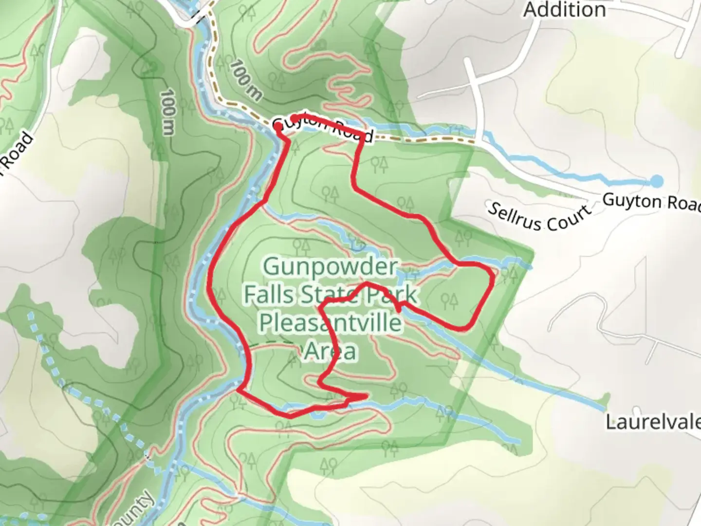 An image depicting the trail Guyton Flats, Wicked Woods and David Hasselhoff's Balls Loop and its surrounding area.