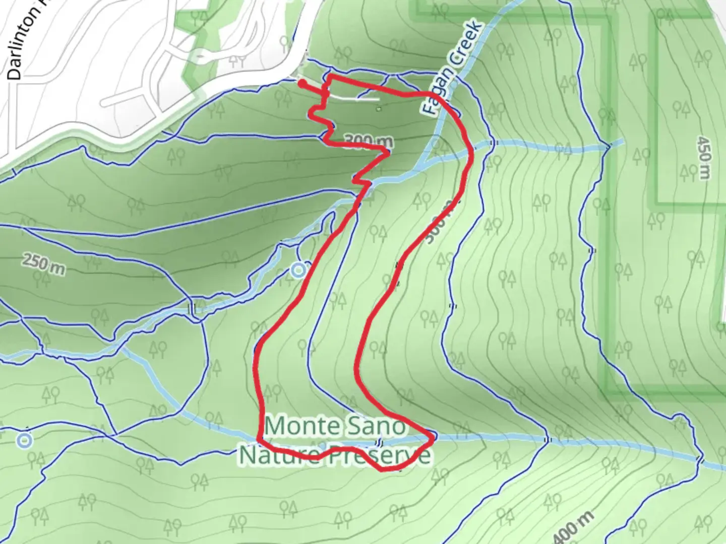 An image depicting the trail Railroad Bed, Belue Trail and Alms House Loop Trail and its surrounding area.