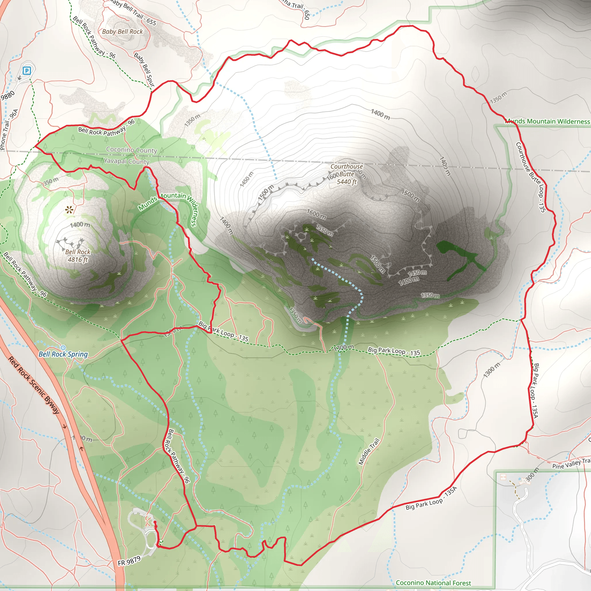 Baby Bell Rock, Courthouse Butte and big Rock Loop mobile static map