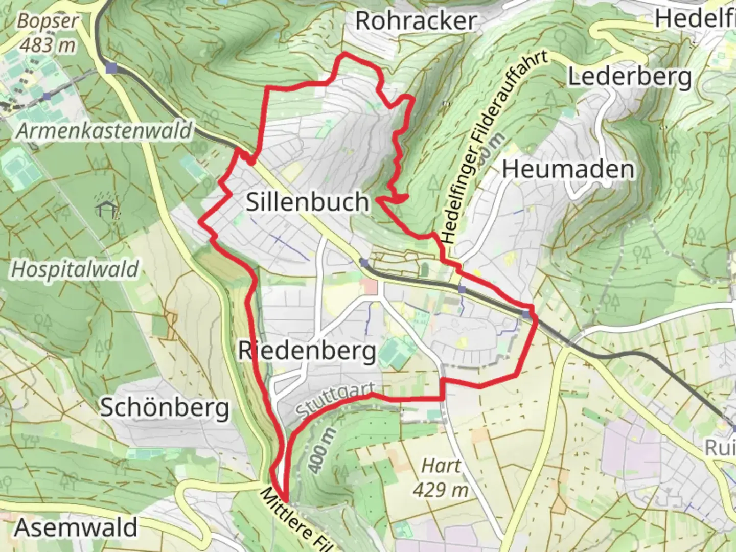 An image depicting the trail Eichenhain and Mahdenwald Loop and its surrounding area.