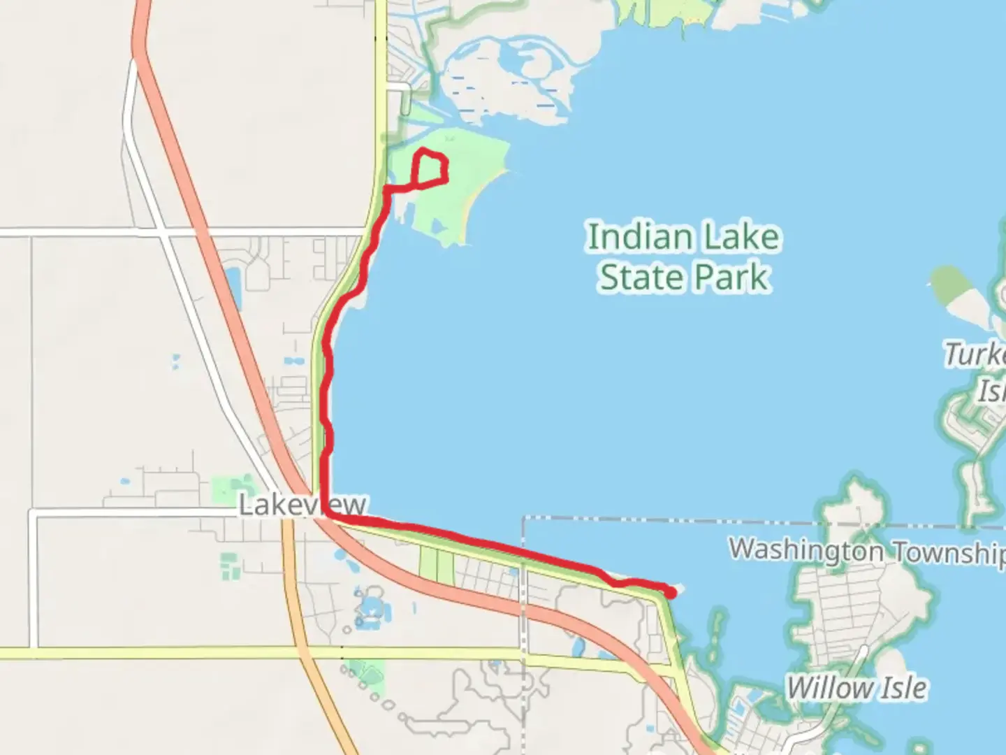 An image depicting the trail Indian Lake West Shore Walk - West Main Street and its surrounding area.