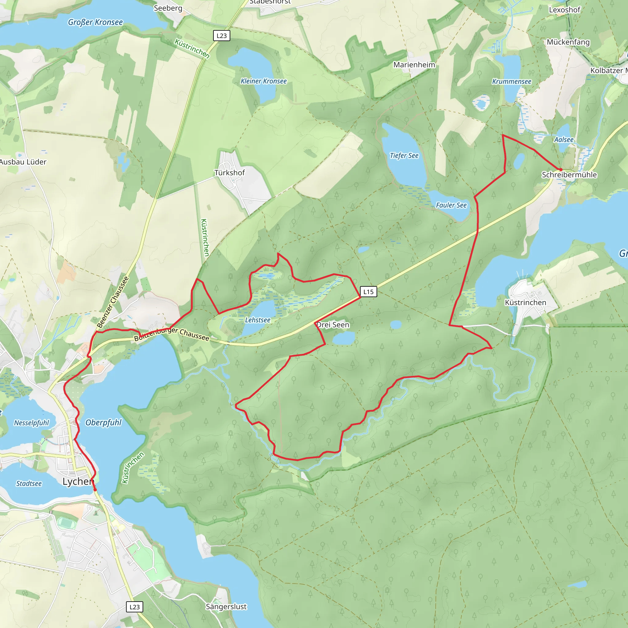 Schreibermühle to Lychen Walk via Oberpfuhl mobile static map