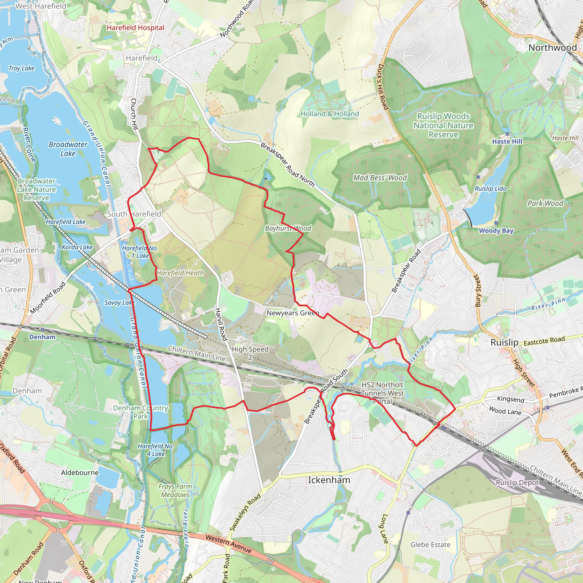 Bayhurst Wood, Harefield Lake and Harefield Place Nature Reserve via Hillingdon Trail mobile static map