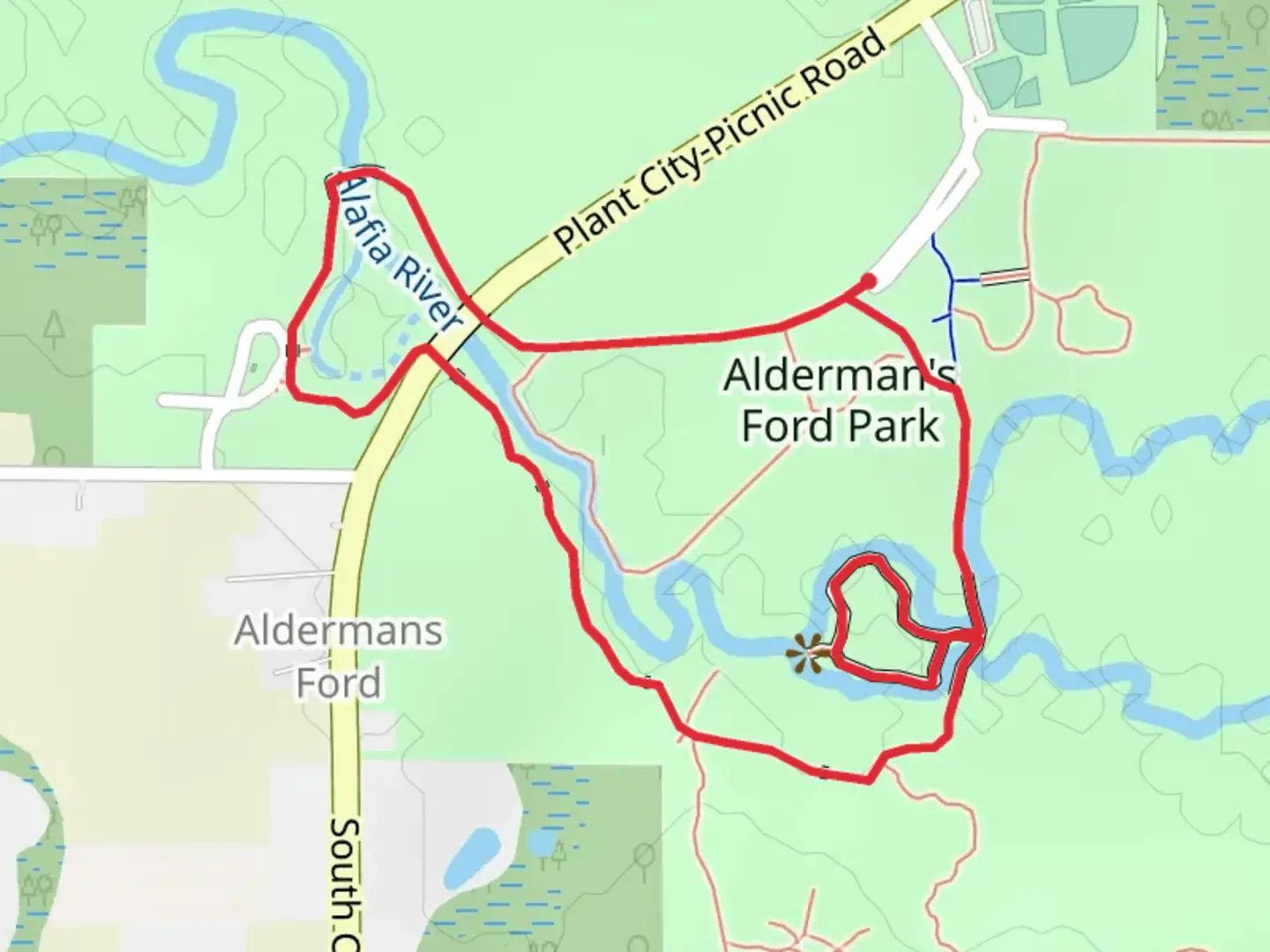 An image depicting the trail Alderman Ford Park Trail Loop and its surrounding area.