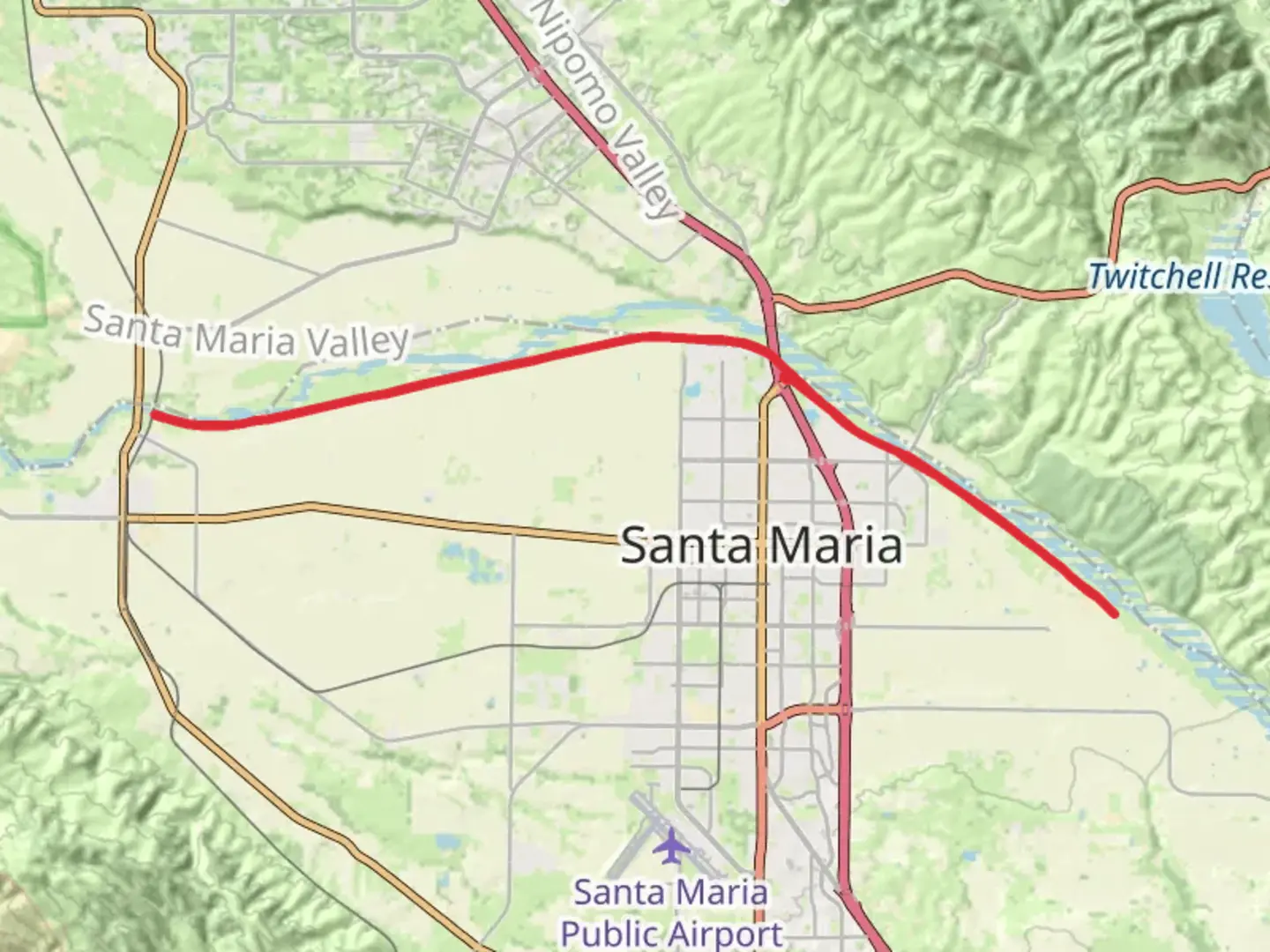 An image depicting the trail Santa Maria River Levee Trail from North Broadway and its surrounding area.