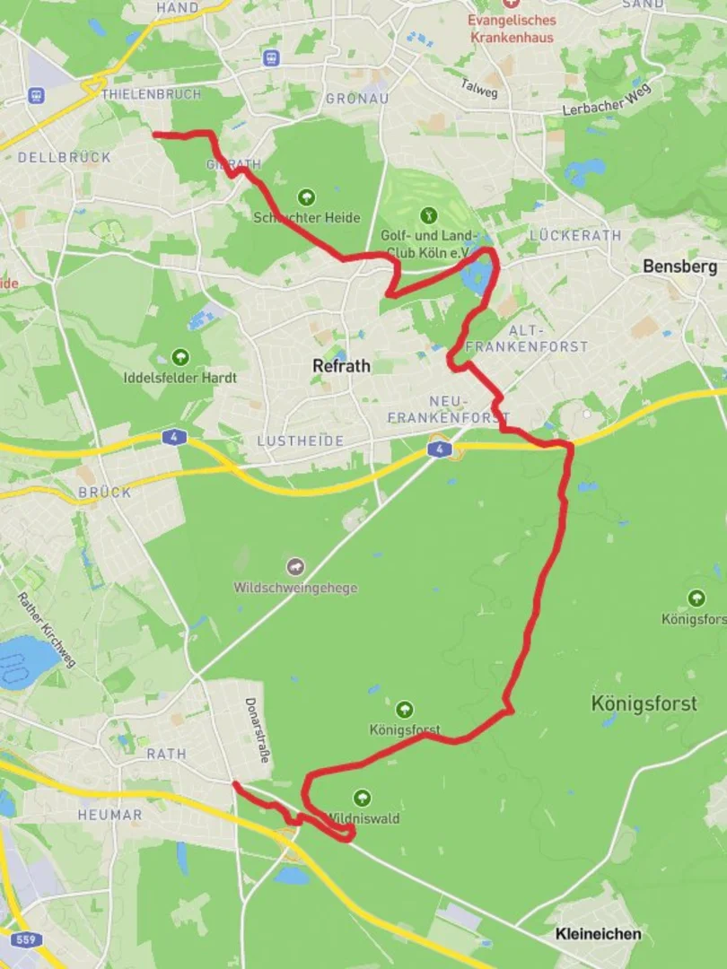 An image depicting the trail Wildniswald to Thielenbruch Walk via Konigsforst and its surrounding area.