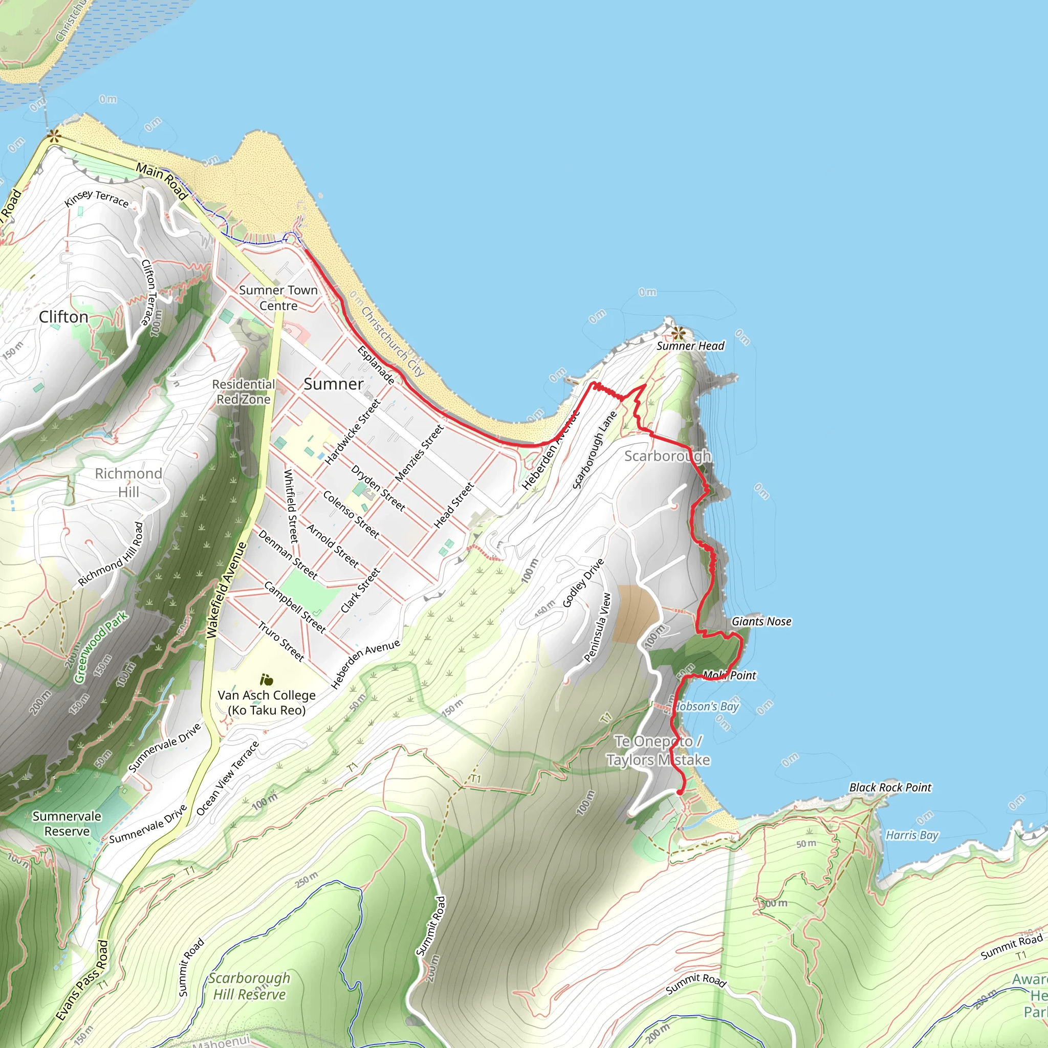 Taylors Mistake to Sumner Beach Coastal Walk mobile static map