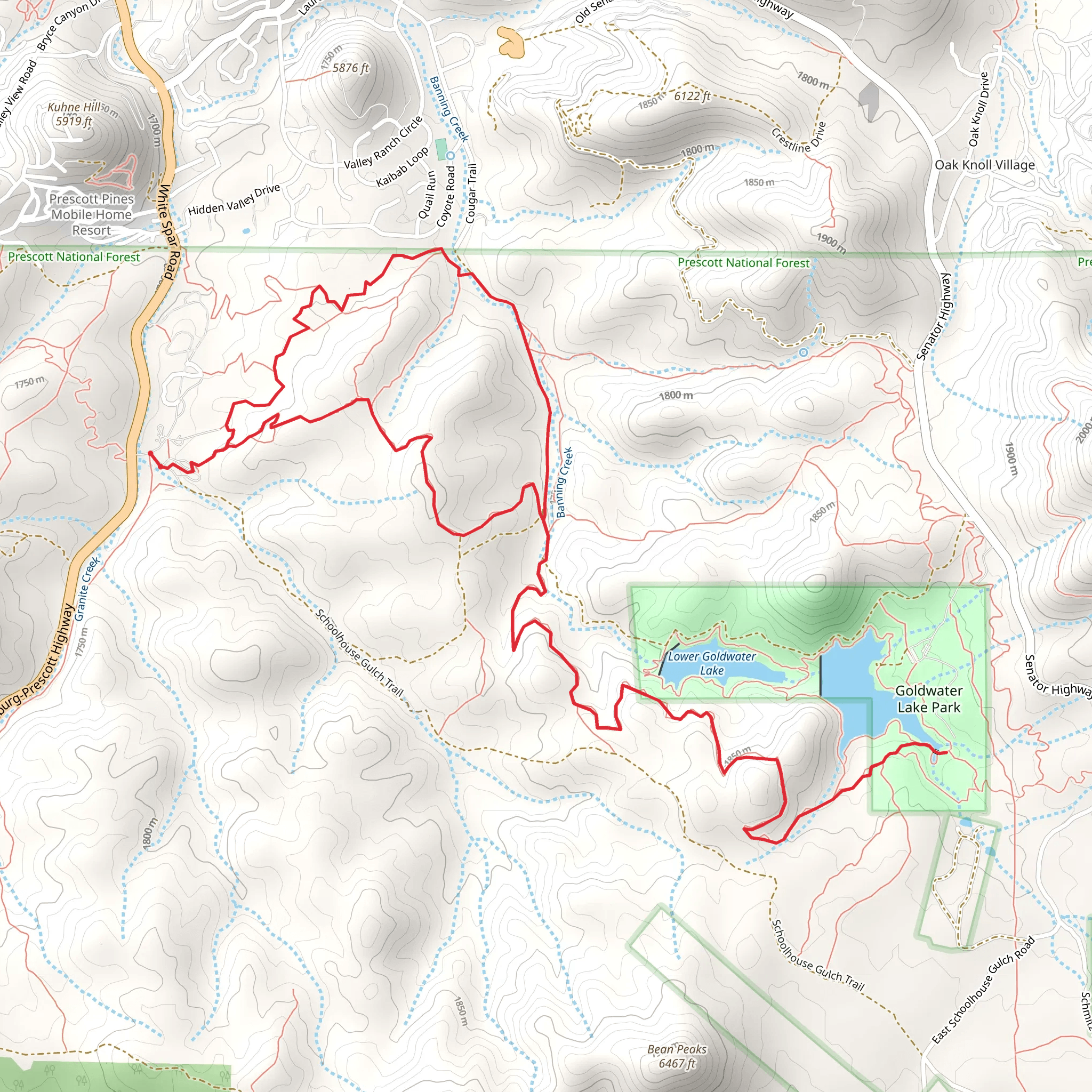 Prescott Circle, Upper Goldwater Lake and Banning Creek Loop Trail mobile static map