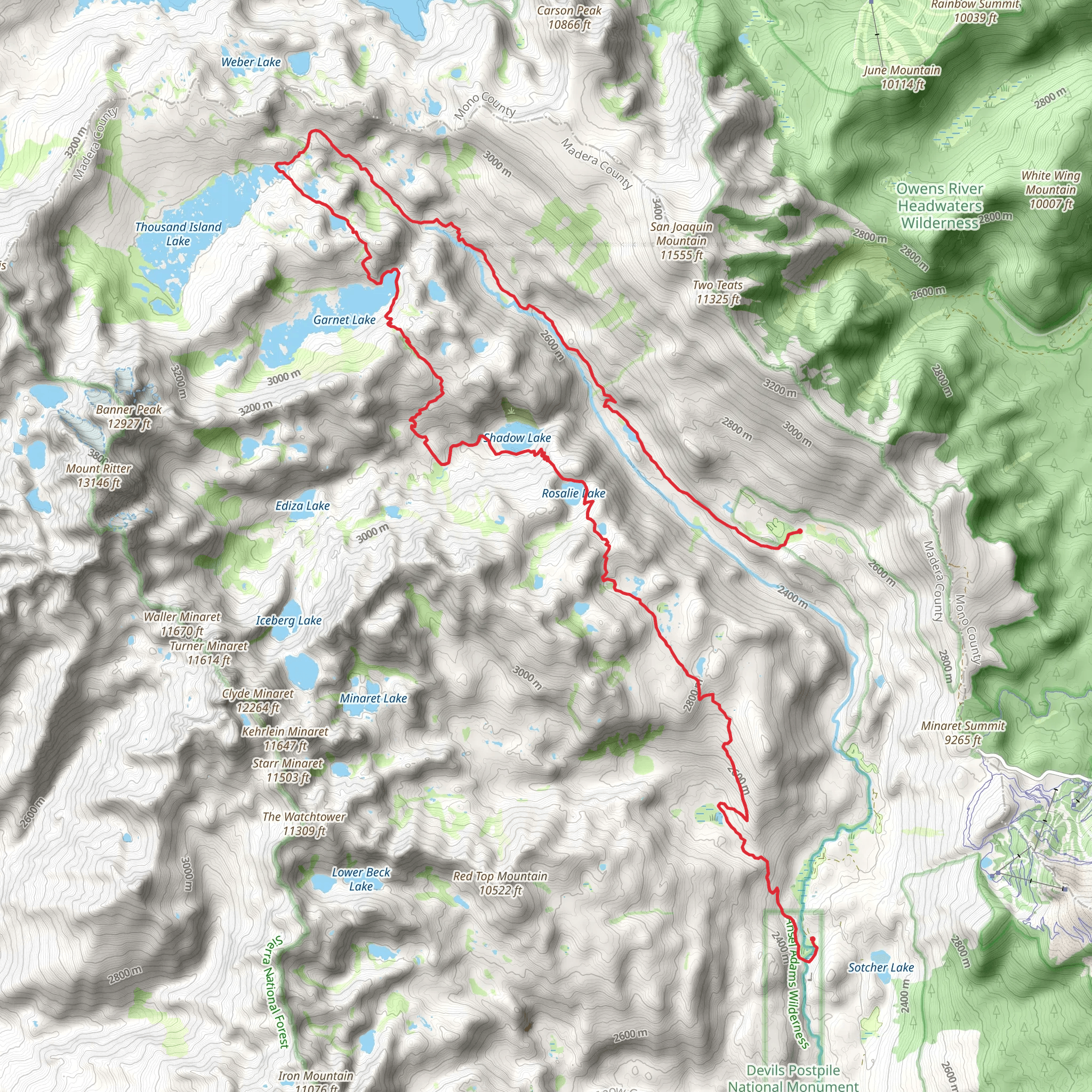 Rosalie Lake, Garnet Lake Cutoff Thousand Island Lake and Olaine Lake mobile static map