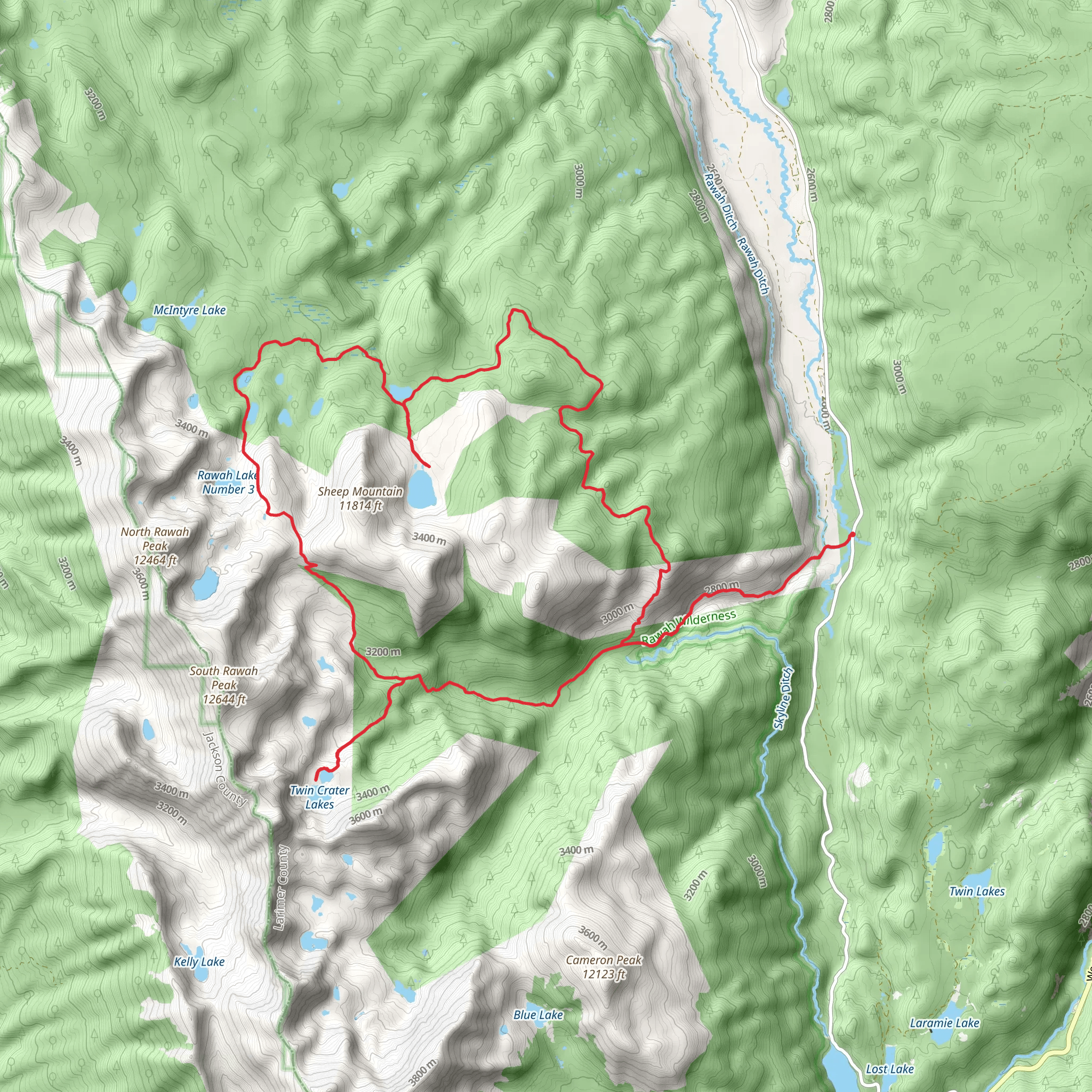 Camp Lake, Upper Camp Lake, Rawah Lake, Twin Crater Lakes Loop via West Branch Trail mobile static map