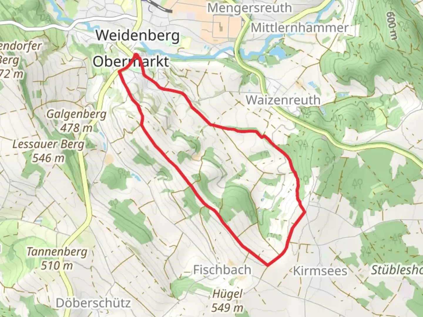 An image depicting the trail Naturlehrpfad and Weidenberg Loop and its surrounding area.