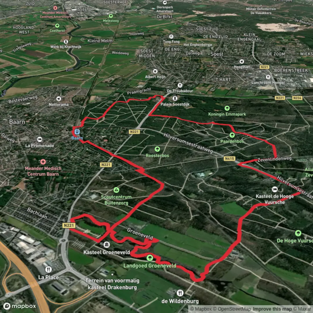 An image depicting the trail Barnsche and Kasteel De Hooge Vuursche Loop and its surrounding area.