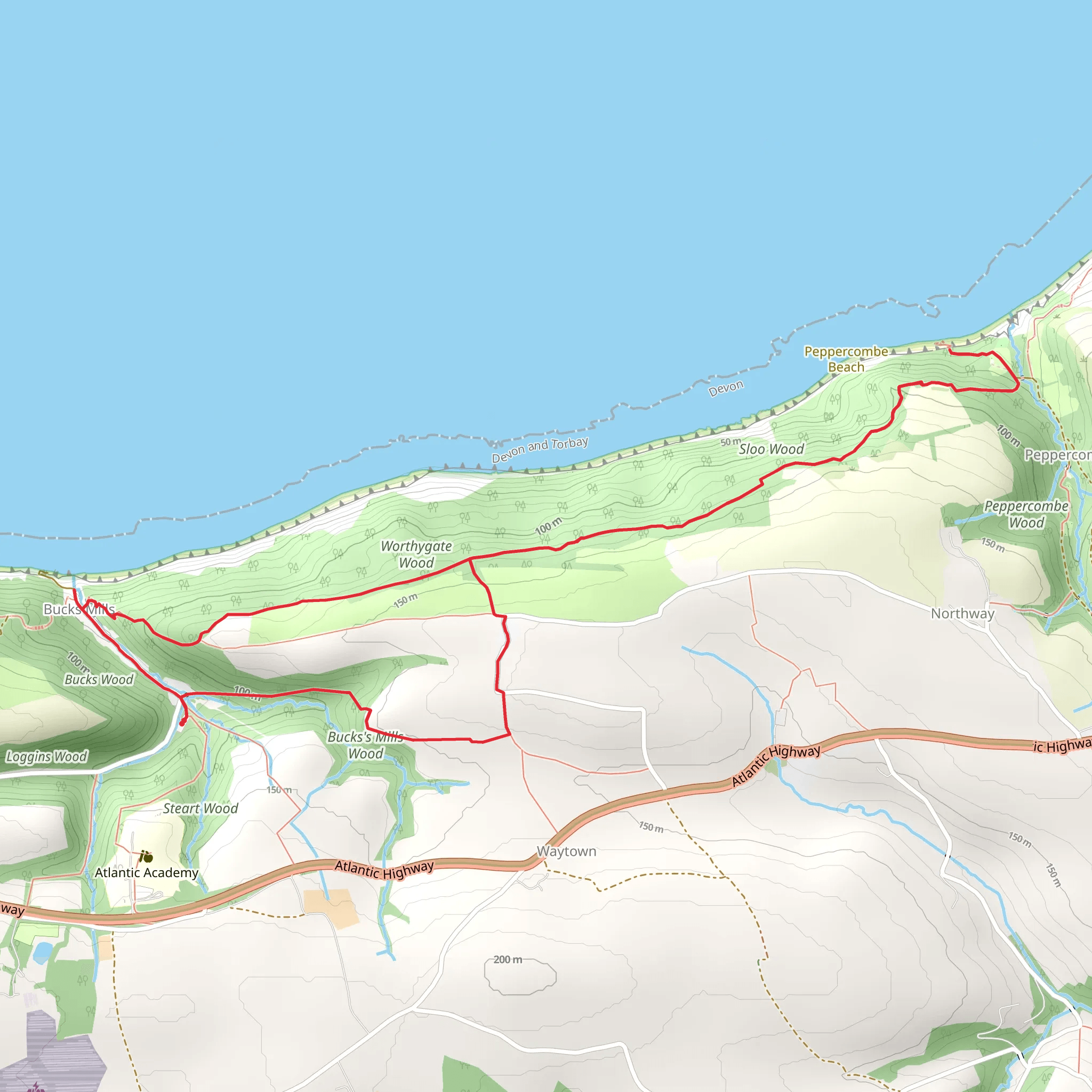 Worthygate Wood, Sloo Wood and Peppercombe Castle Loop mobile static map