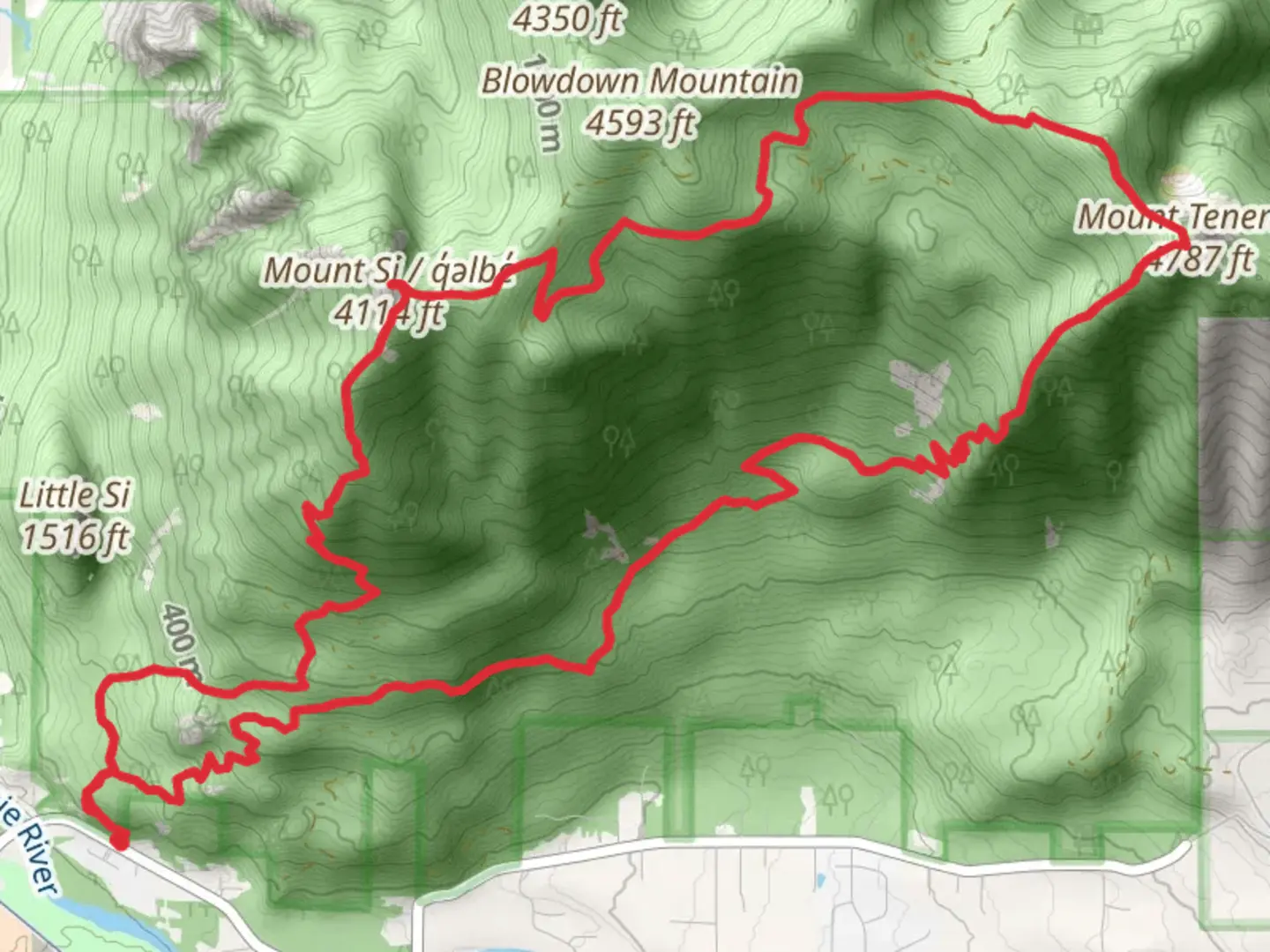 An image depicting the trail Little Si, Mount Si and Mount Teneriffe Loop Trail and its surrounding area.