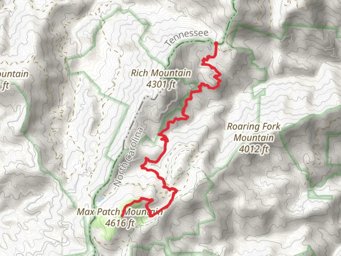 An image depicting the trail Max Patch Mountain via Appalachian Trail and its surrounding area.