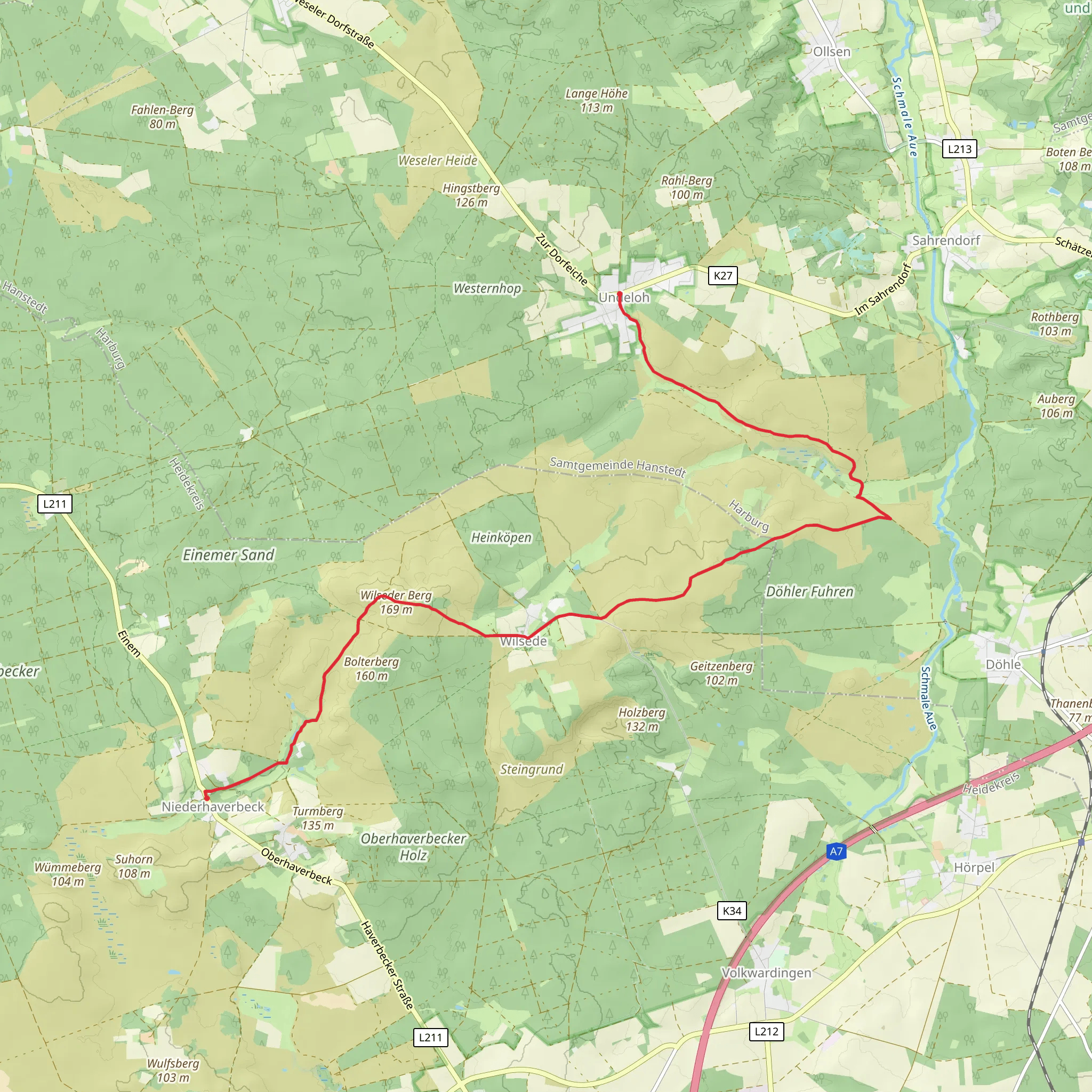 Undeloh to Niederhaverbeck Walk via Kultur Findlinge Wanderweg and Wilseder Berg mobile static map