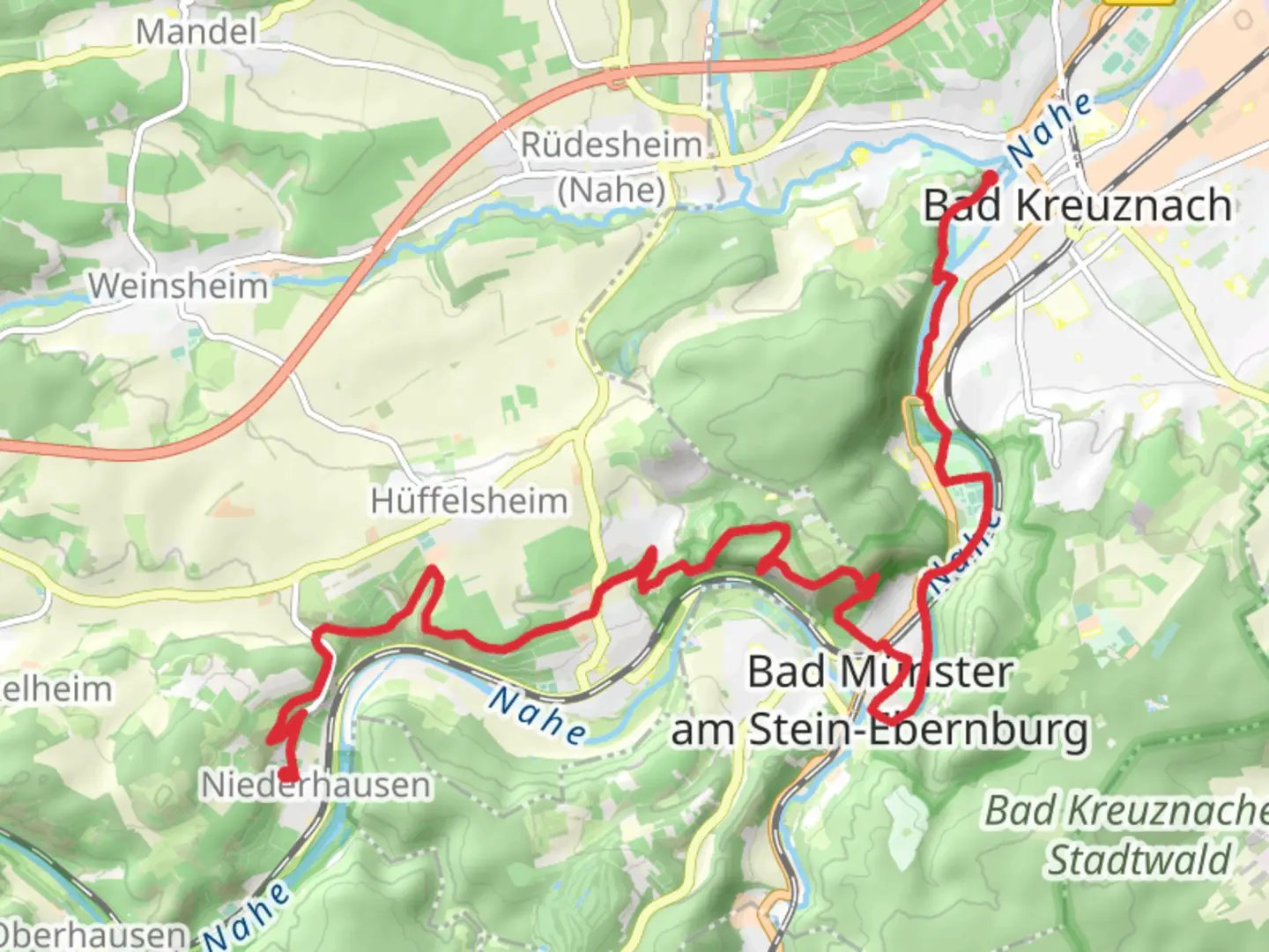 An image depicting the trail Niederhausen to Bad Kreuznach Walk and its surrounding area.