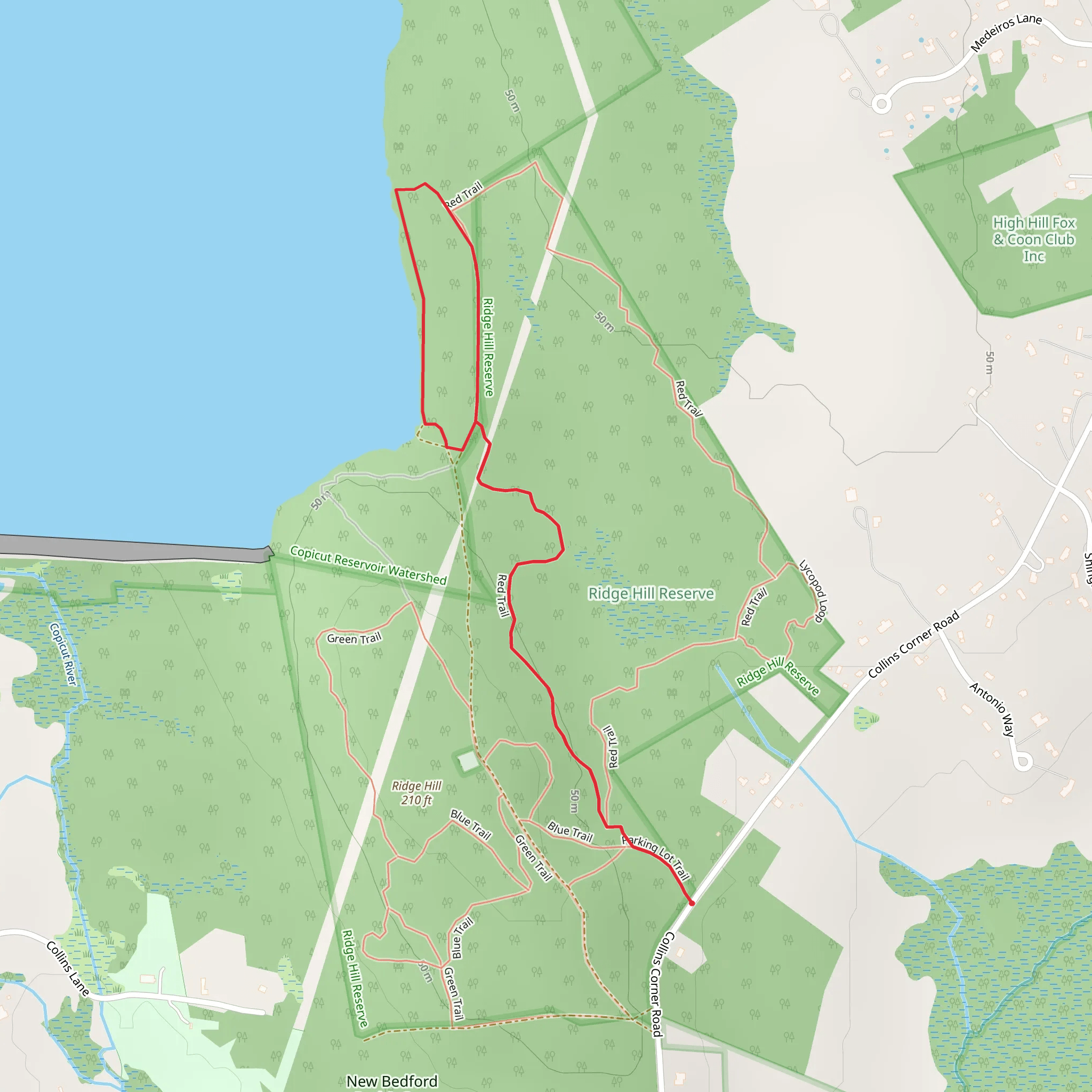 Red Trail to Copicut Reservoir Trail - Collins Corner Road mobile static map