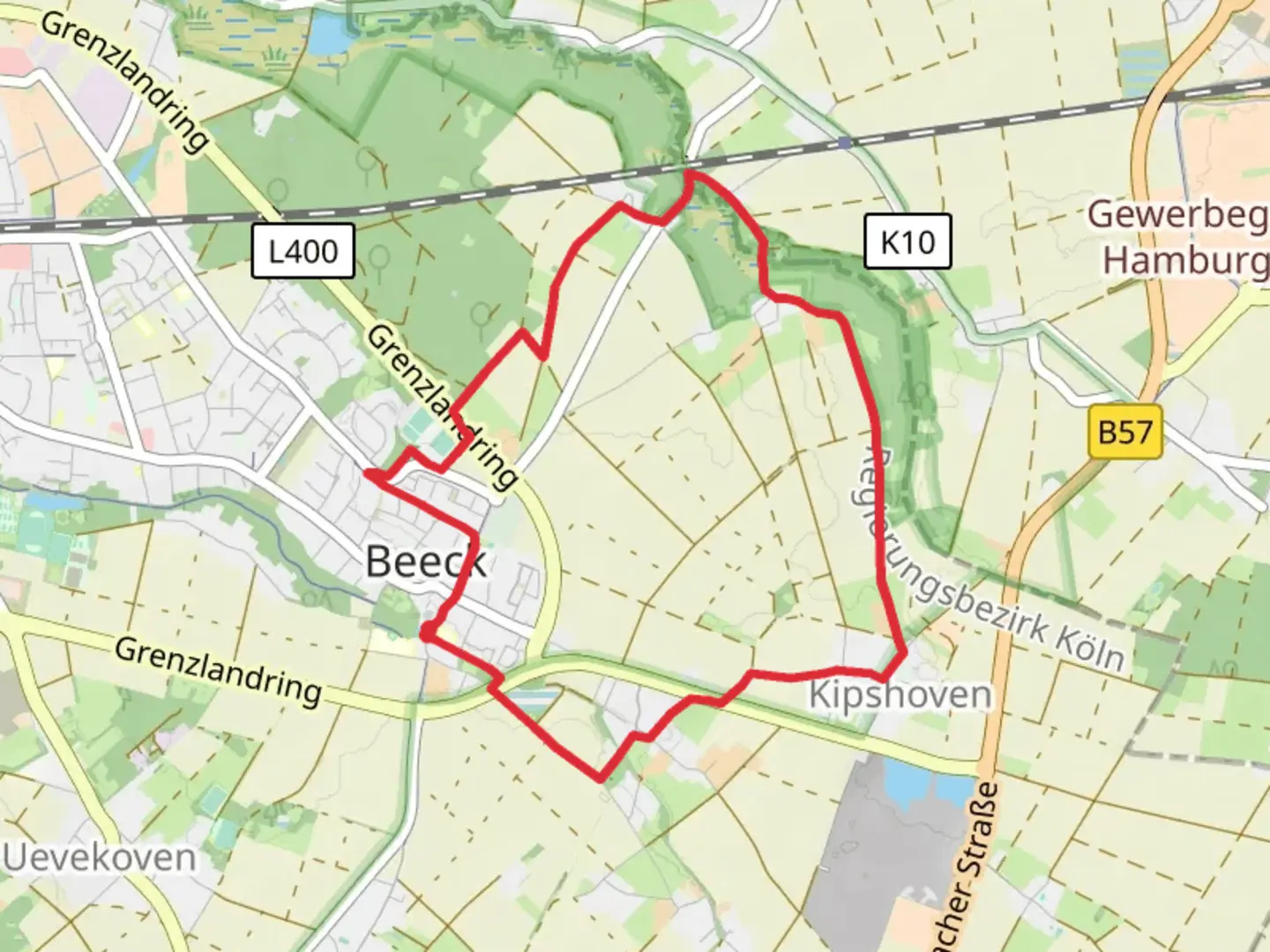 An image depicting the trail Moorshoven and Ellinghoven Loop via Beeck and its surrounding area.