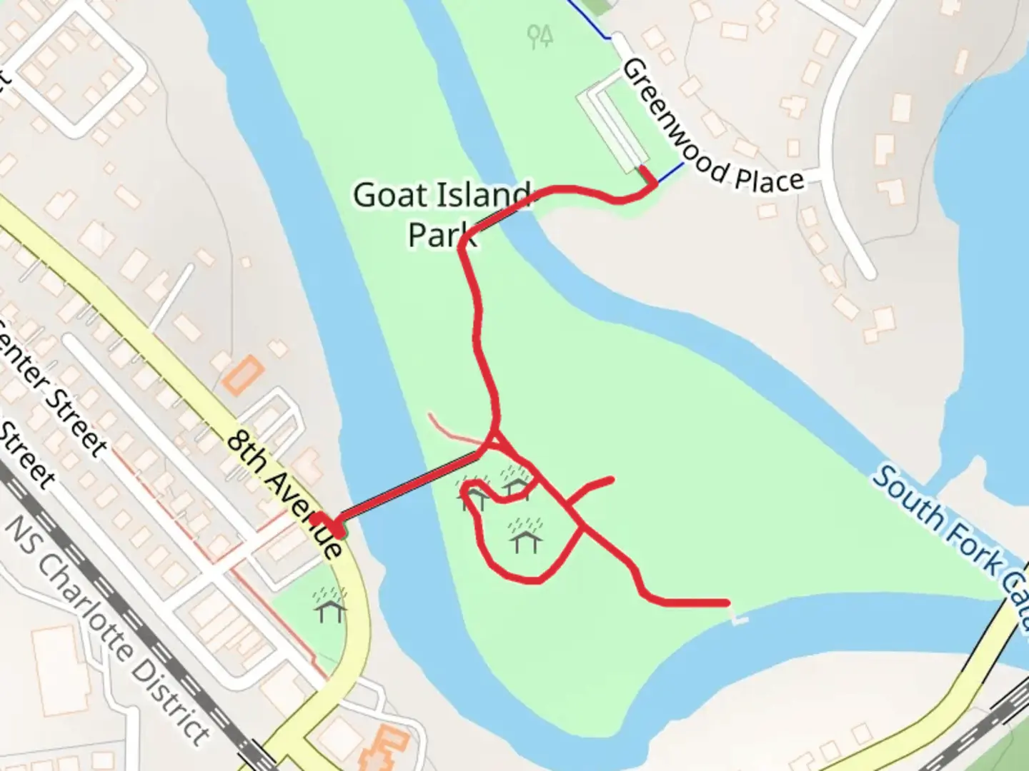 An image depicting the trail Goat Island Greenway and its surrounding area.