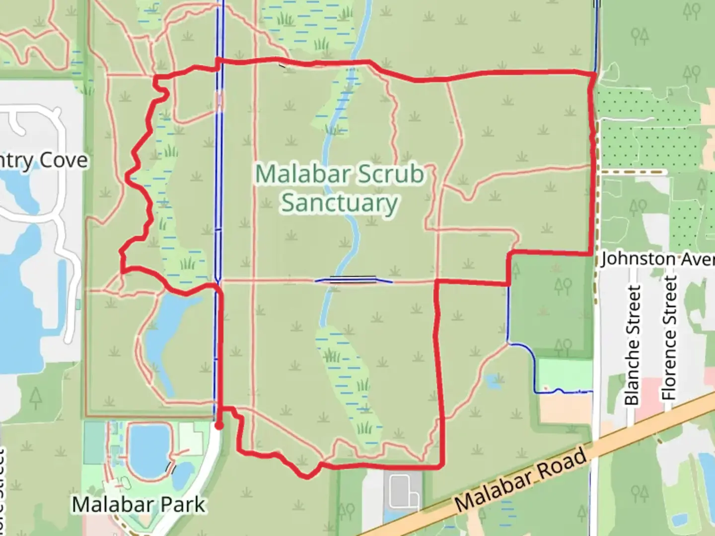 An image depicting the trail Al Tuttle, Red and Malabar Woods Boulevard Loop Trail and its surrounding area.