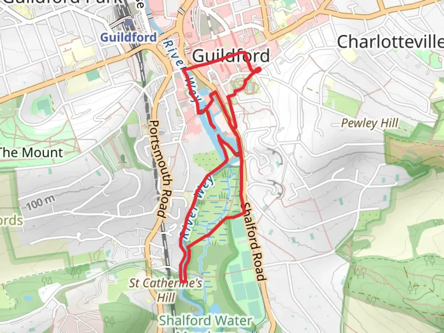 An image depicting the trail Castle Cliffe Gardens and Shalford Park Loop and its surrounding area.