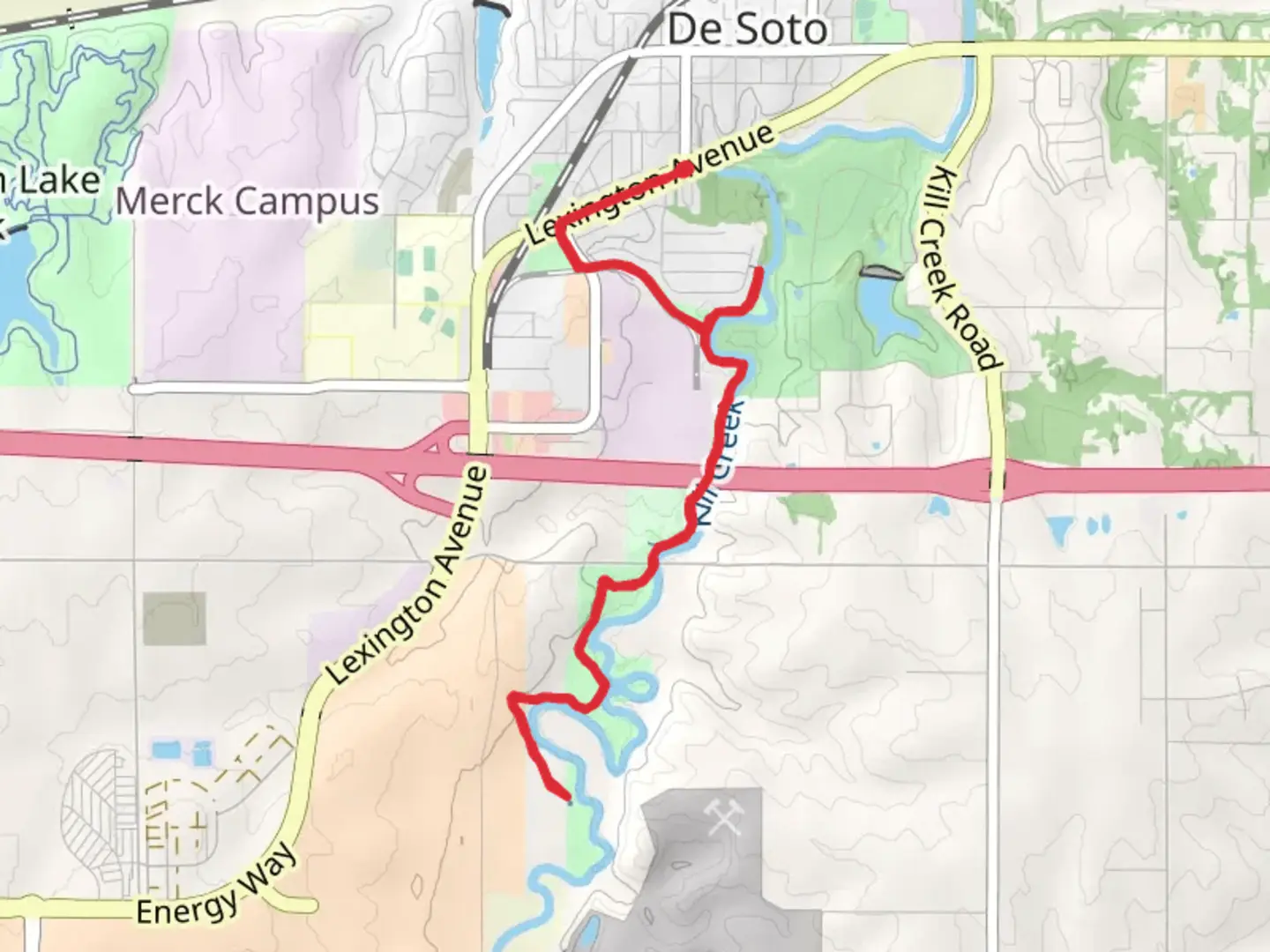 An image depicting the trail Kill Creek Streamway Trail - Gathering Place Park and its surrounding area.