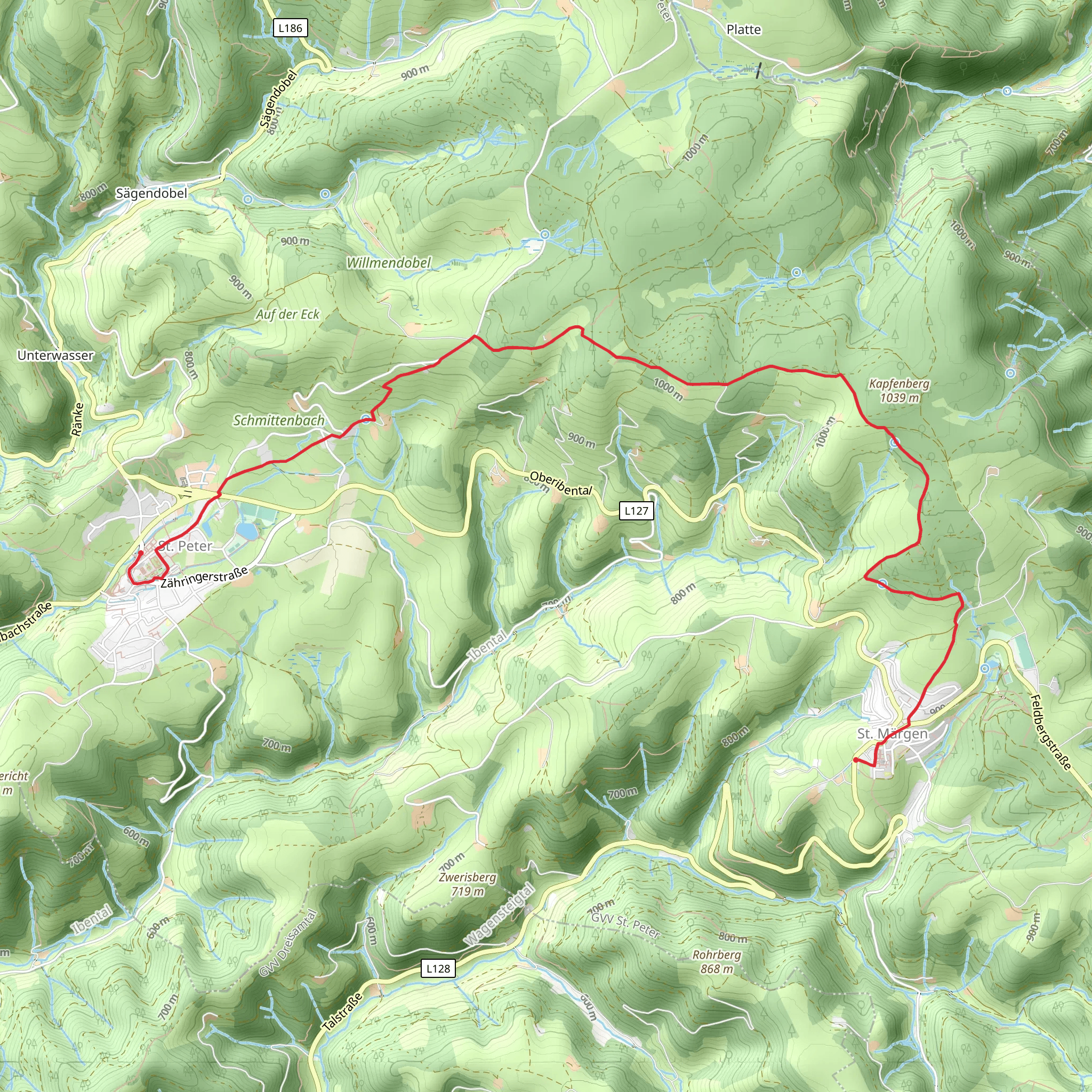Sankt Murgen to Sankt Peter via Hochschwarzwald Jakobusweg mobile static map