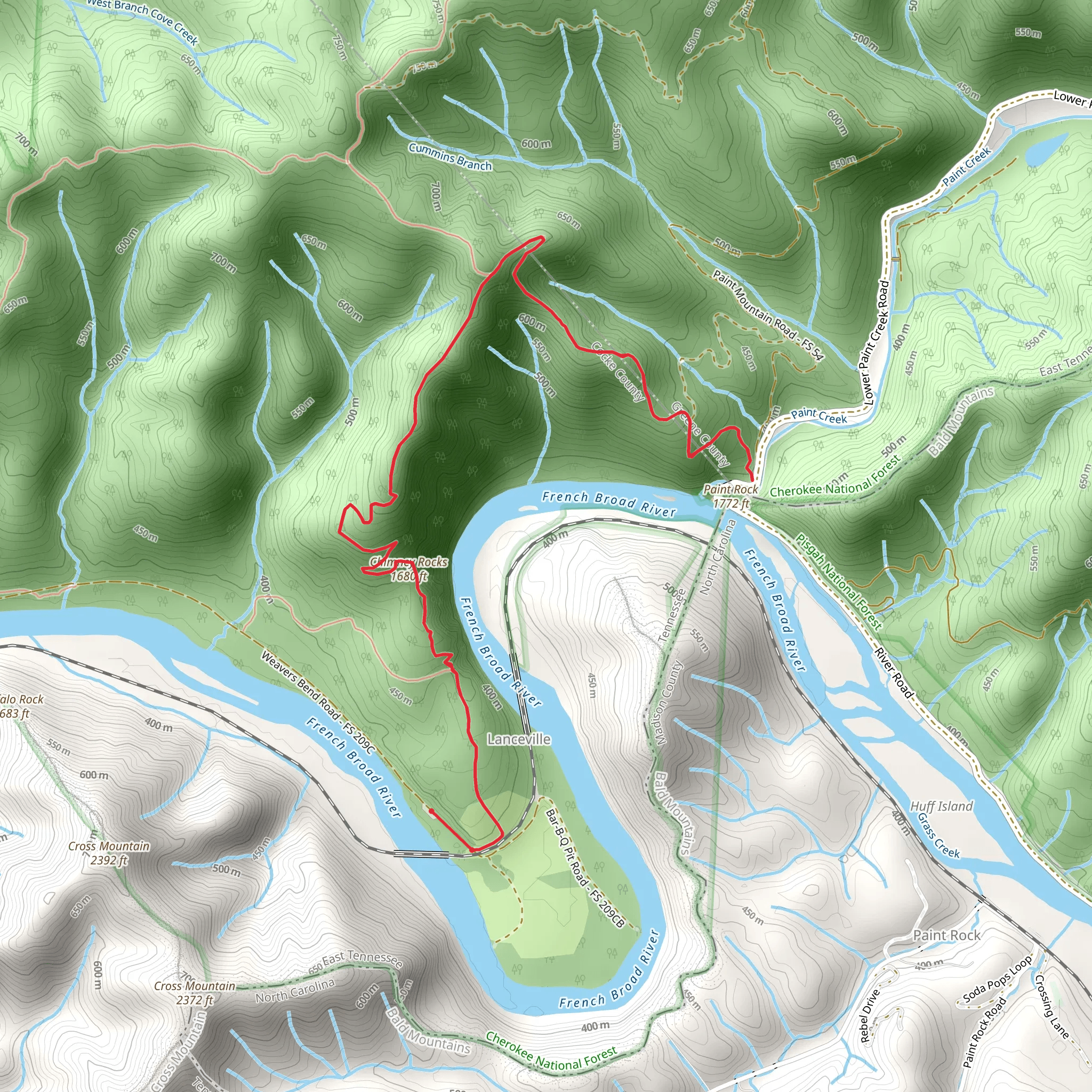 Paint Rock and Chimney Rocks Trail mobile static map