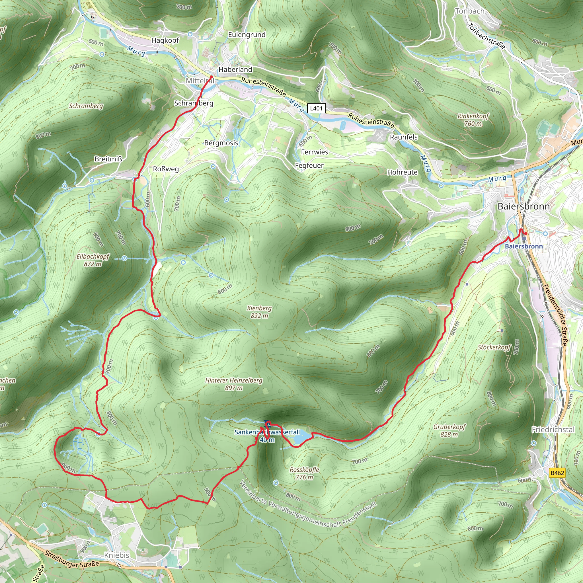 Baiersbronn to Mitteltal Walk via Sankenbachwasserfall mobile static map