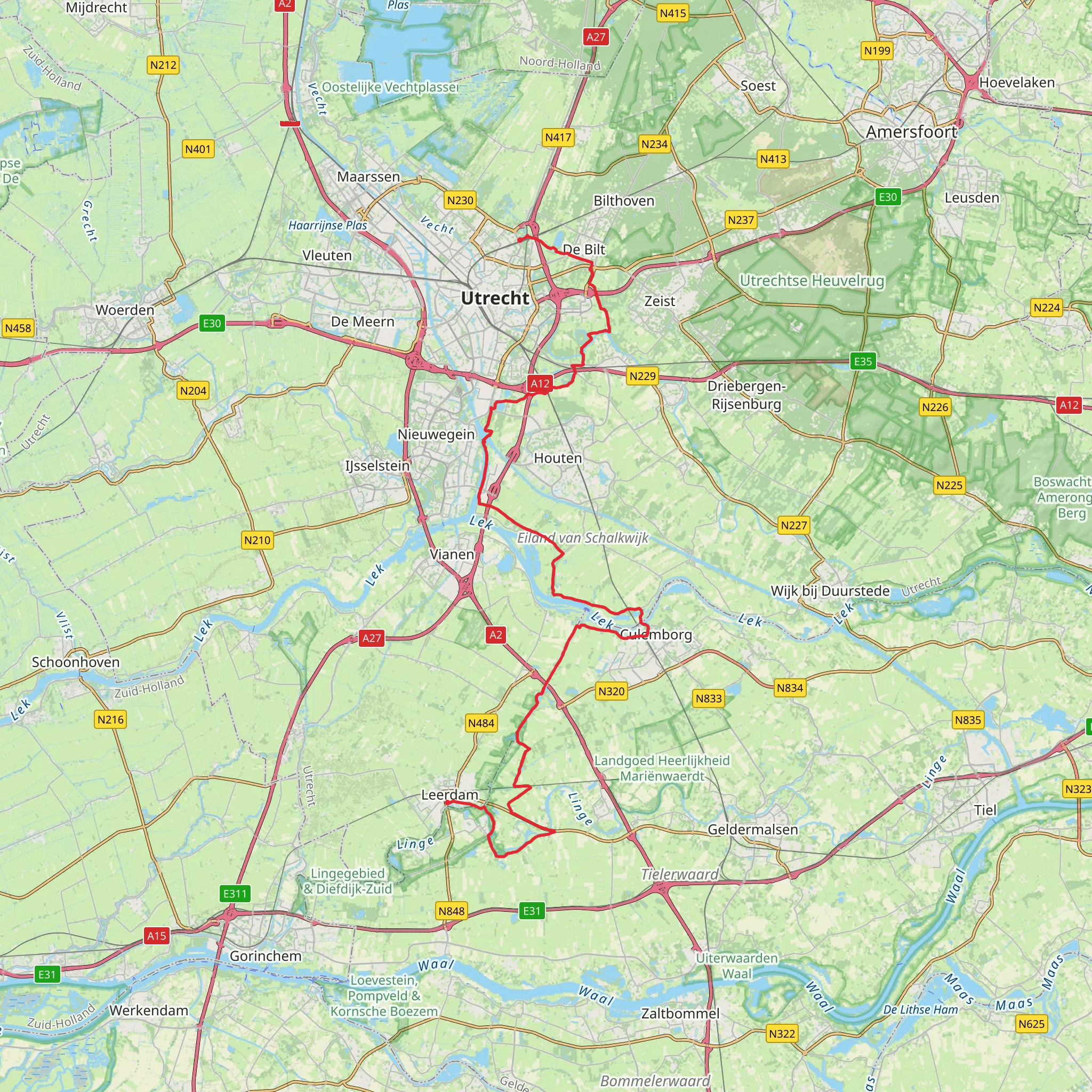 Leerdam to Fort Blauwkapel via Wiel van Bassa, Voorzorg and Fort Bij Vechten mobile static map
