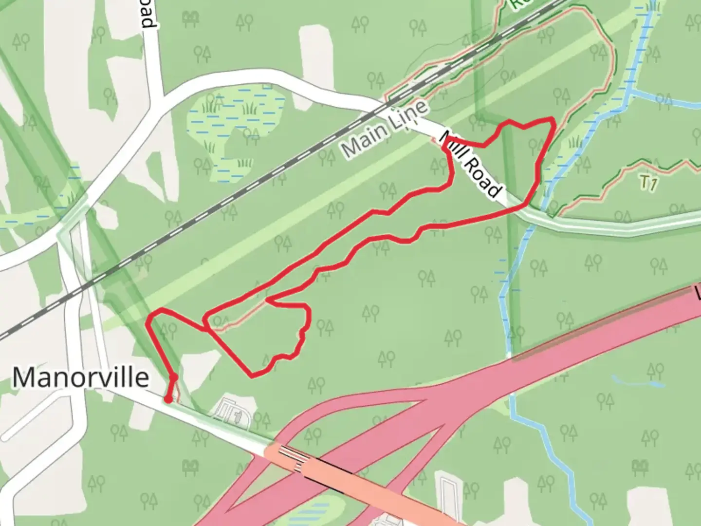 An image depicting the trail Manorville Loop and its surrounding area.