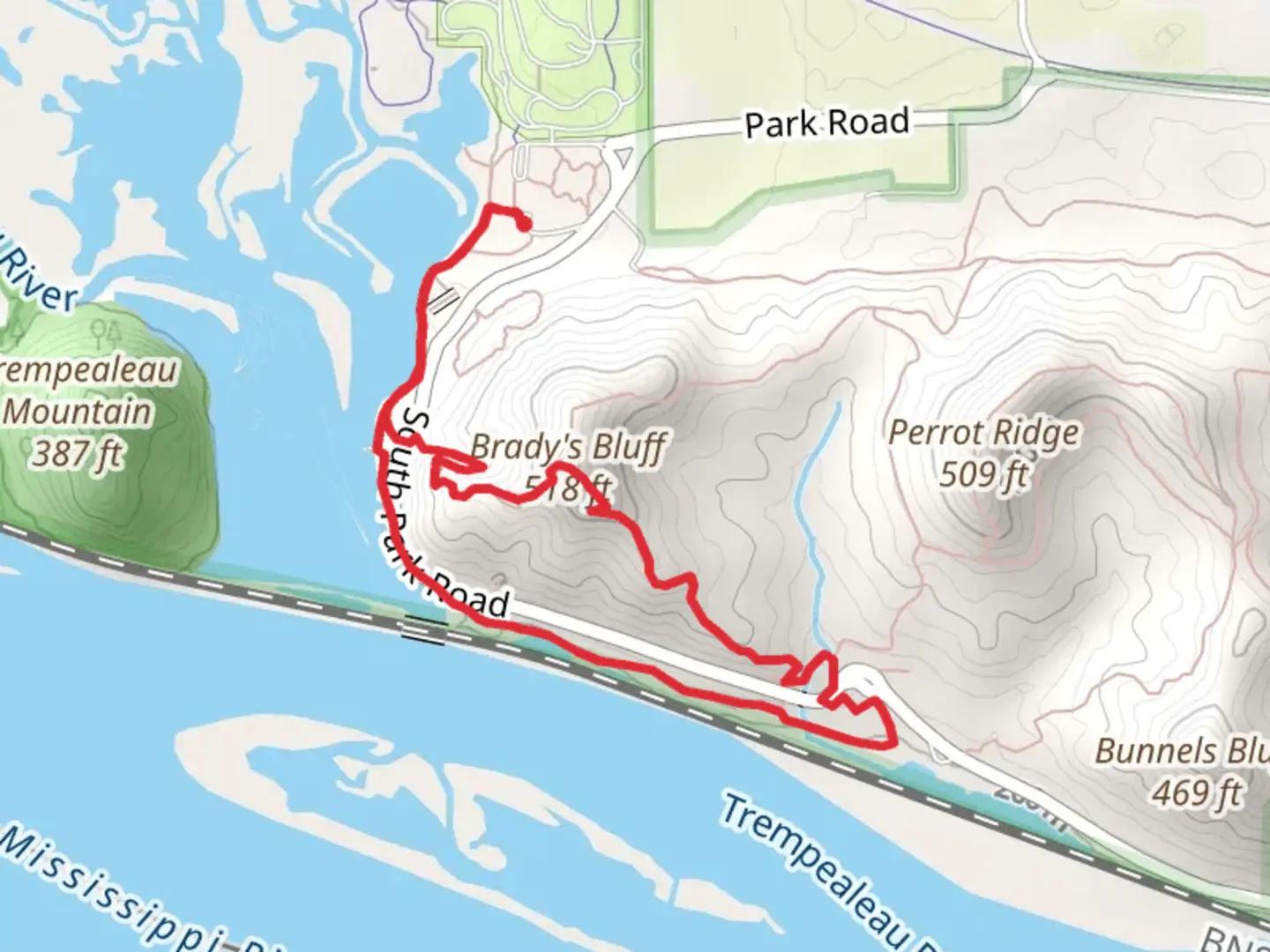 An image depicting the trail Riverview and Brady's Bluff Trail and its surrounding area.