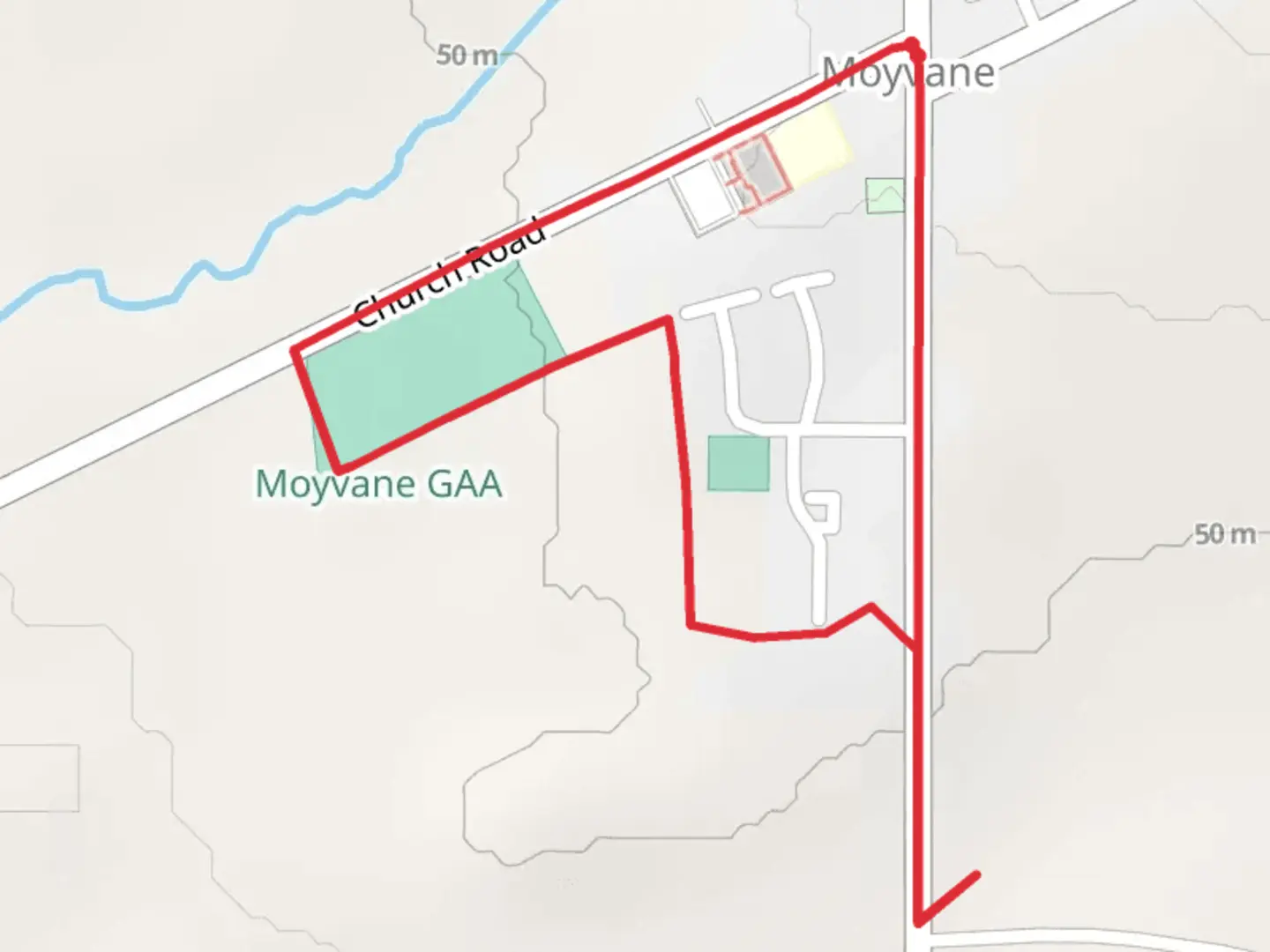 An image depicting the trail Moyvane Village Walks - Village - Sportsfield - Nature Trail - Kiln Way and its surrounding area.