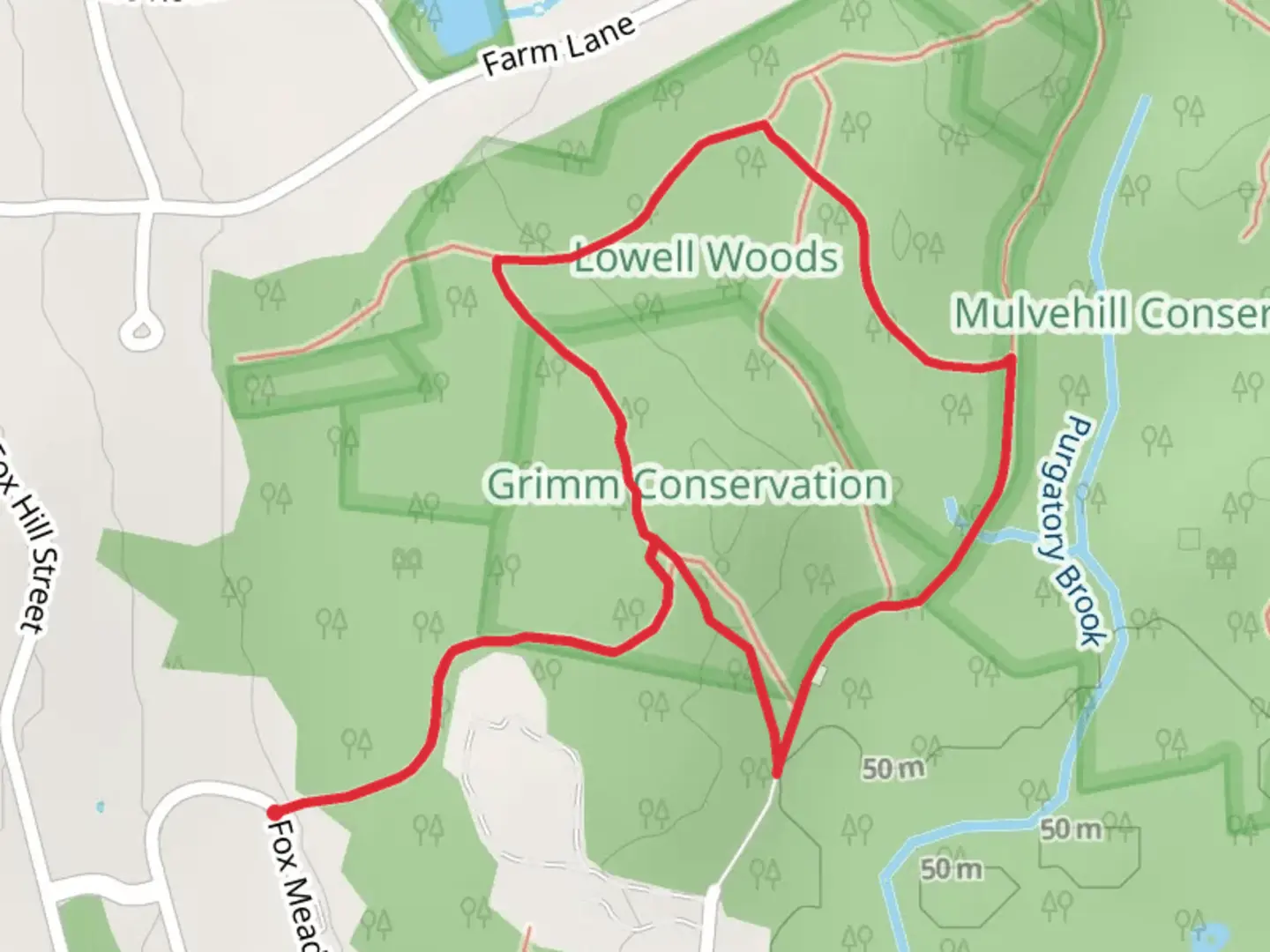 An image depicting the trail Lowell Road and Pine Hill Trail Loop and its surrounding area.