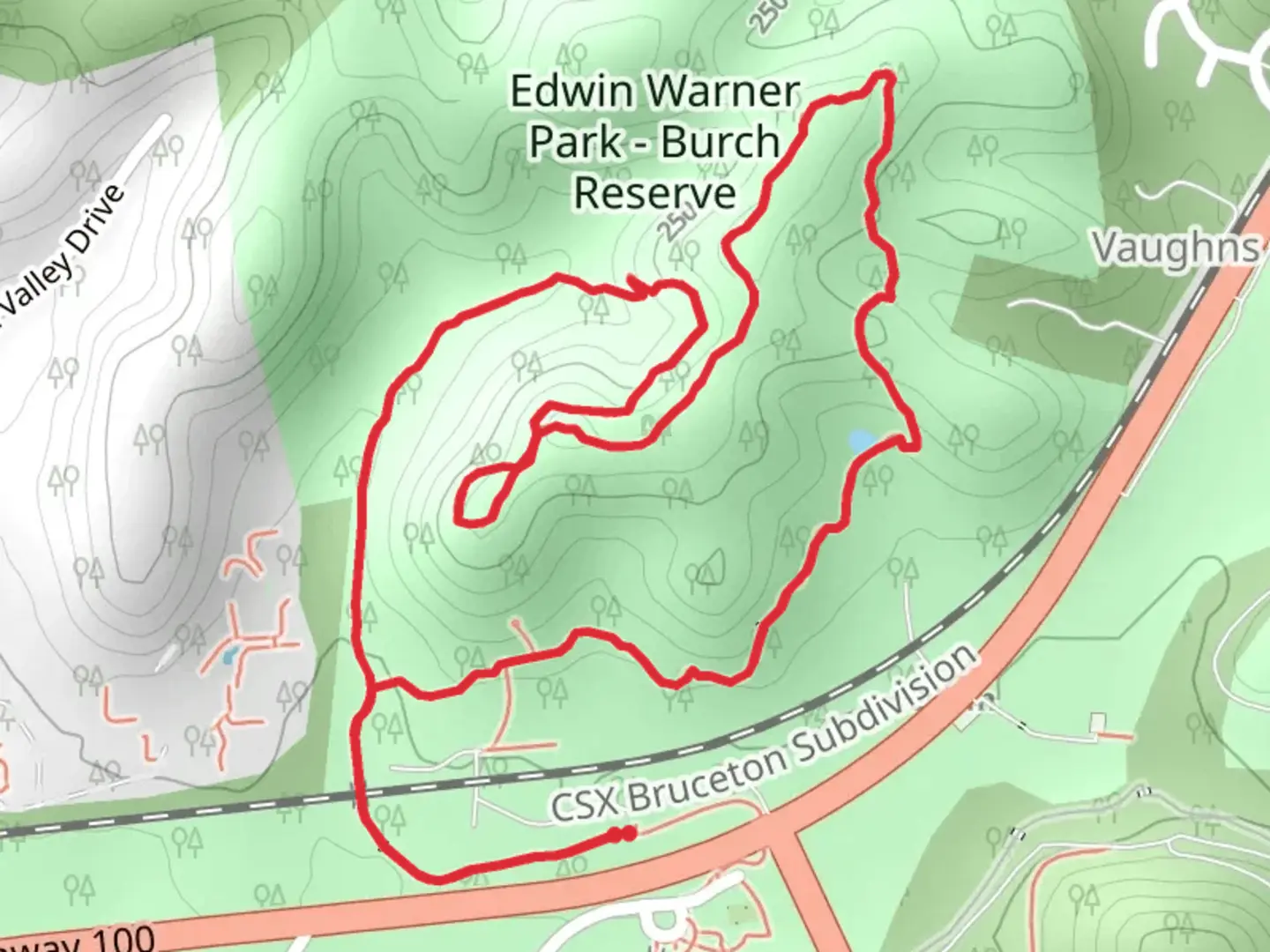 An image depicting the trail Burch Woods Trail Loop and its surrounding area.