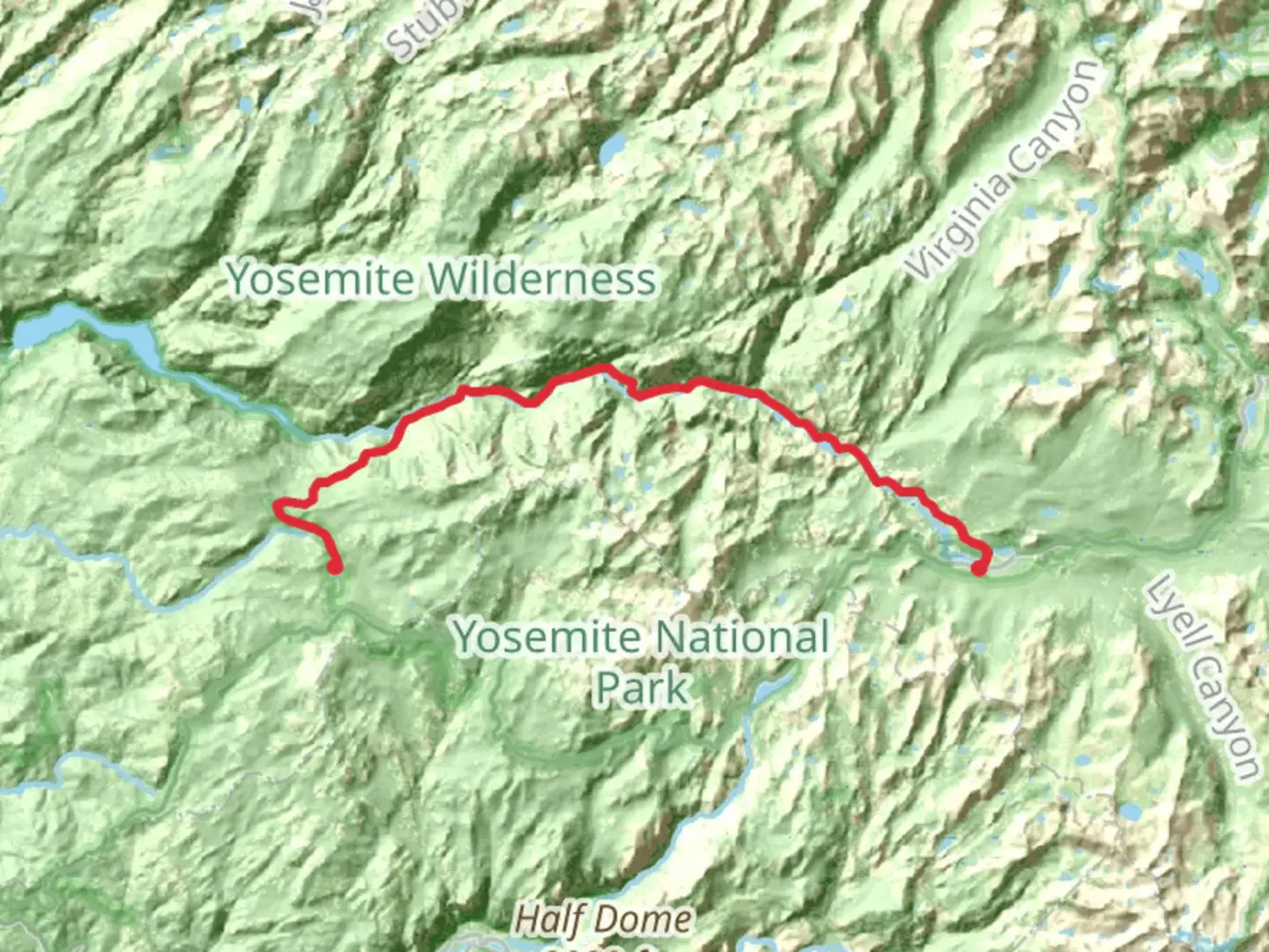 An image depicting the trail Tuolumne Meadows to White Wolf via Pacific Crest Trail and its surrounding area.