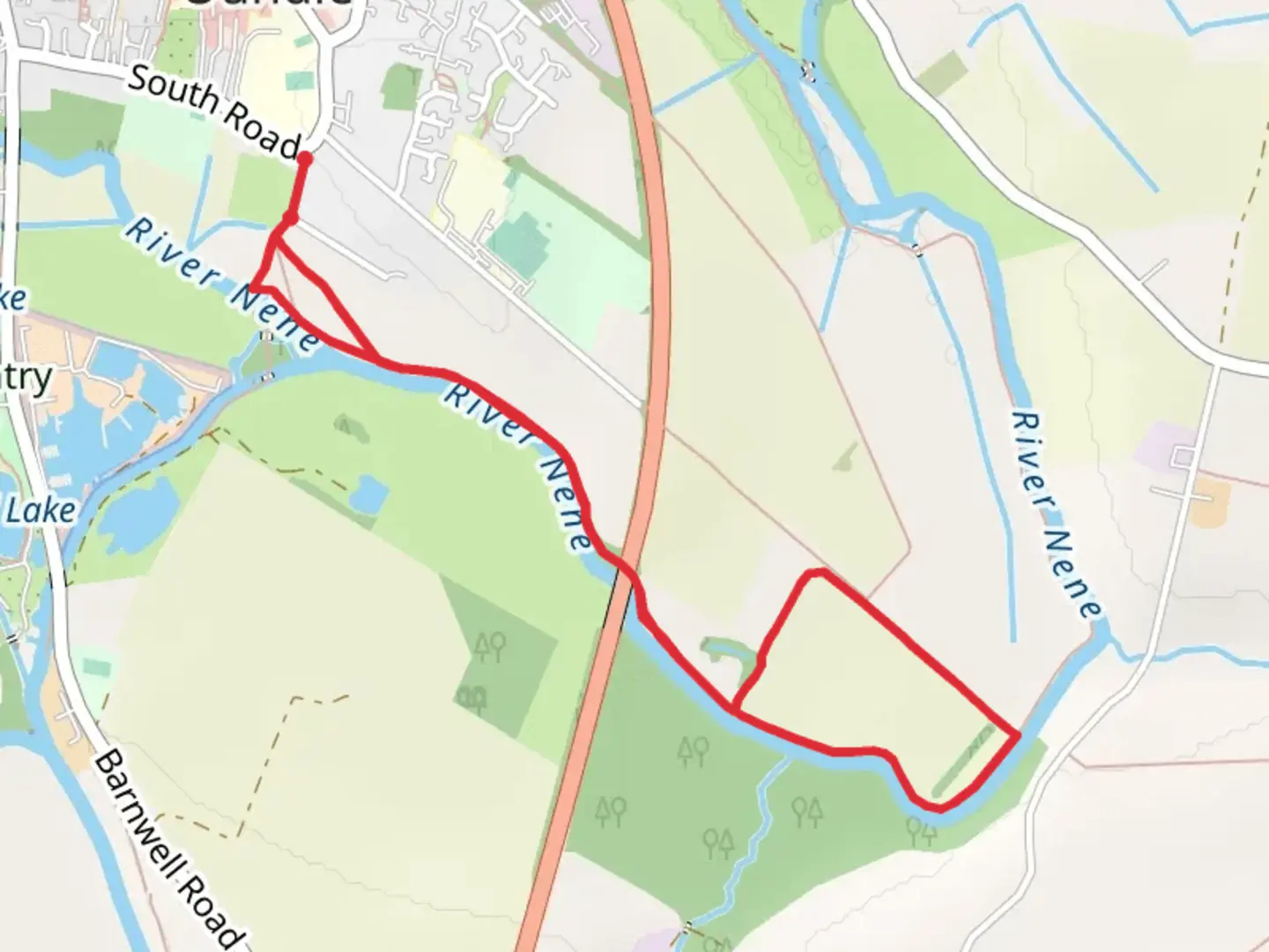 An image depicting the trail River Nene via Nene Way from Bassett Ford Road and its surrounding area.