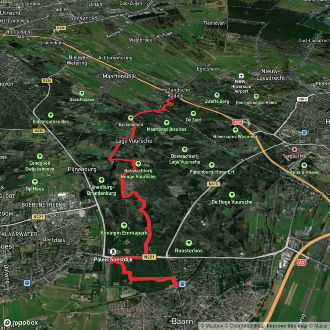 An image depicting the trail Baarn to Hallandscha Rading via Utrechtpad and its surrounding area.