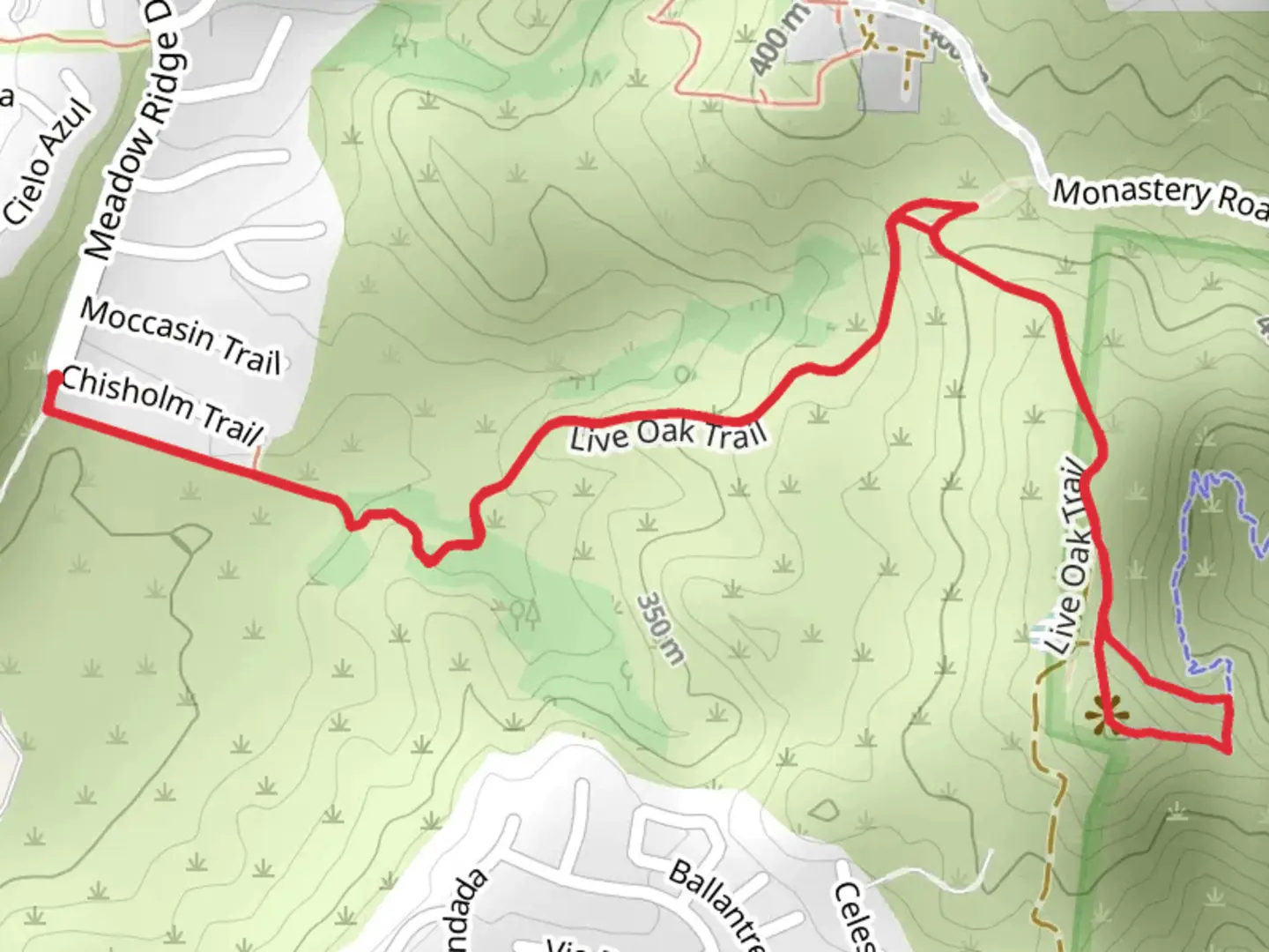 An image depicting the trail Live Oak Trail and its surrounding area.