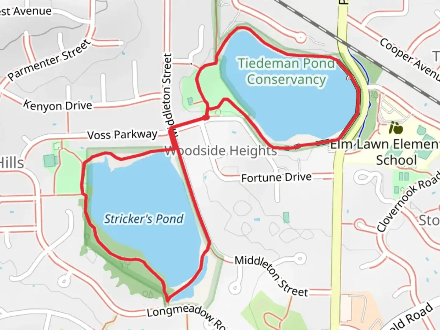 An image depicting the trail Tiedeman Pond and Sticker's Pond Loop and its surrounding area.
