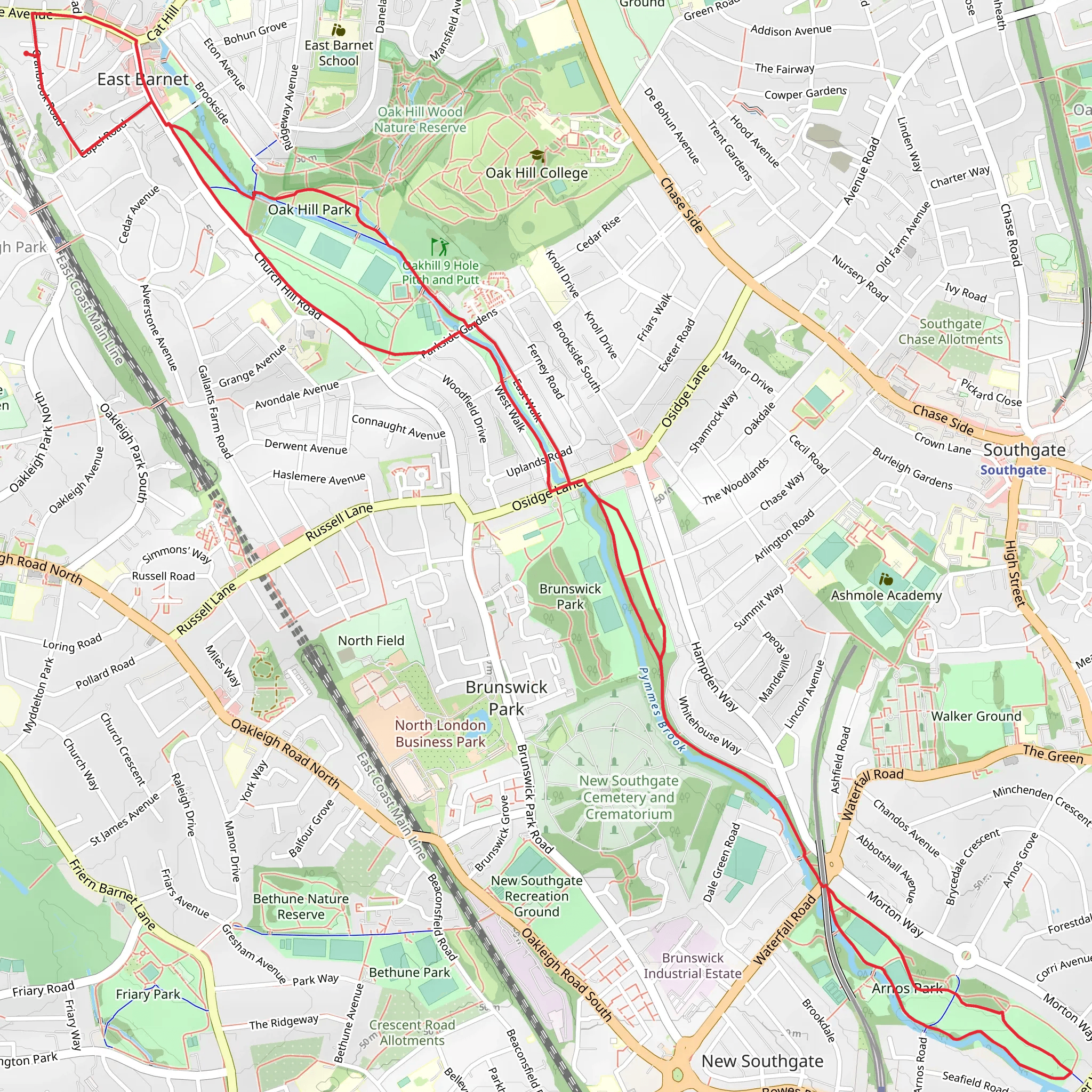 Oak Hill Park, Brinswick Park and Arnos Park via Waterfall Walk and Everleigh Walk mobile static map